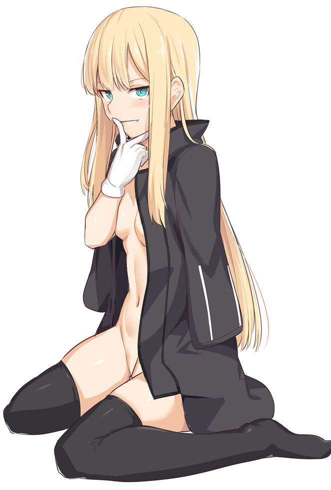 bangs, black jacket, black stockings, blonde hair, breasts, fate (series), fate/grand order, female, gloves, hime cut, looking at viewer, lord el-melloi ii case files, navel, reines el-melloi archisorte, seductive, seductive eyes, seductive look, seductive smile, shiseki hirame, sidelocks, sitting, small breasts, solo, stockings, thighhighs, wariza, white background, white gloves