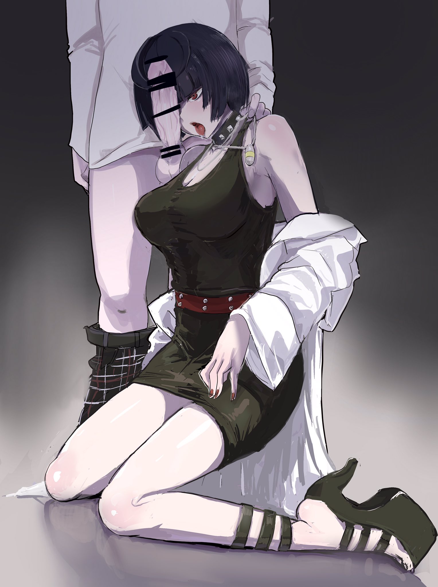 ahe gao, atlus, censor bar, censored, censored penis, choker, faceless male, female, high heels, male, necklace, older female, pants down, penis, persona, persona 5, tae takemi, unknown artist, younger male