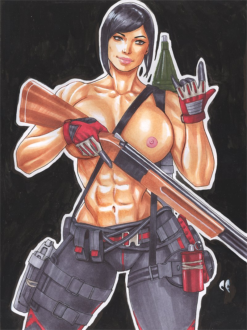 1girls, 2d, abs, areolae, belt, black hair, breasts, brown eyes, call of duty, call of duty modern warfare (2019), casual, chris foulkes, clothing, female, female only, firearm, fit, fit female, gloves, grenade, hand sign, holding weapon, holster, huge breasts, human, large breasts, looking at viewer, mara (cod), muscular, muscular female, navel, nipples, pale skin, pink lipstick, pinup, pistol, rocket launcher, short hair, shotgun, smile, solo, solo female, straps, tied hair, tights, toned, toned female, topless, utility belt, weapon