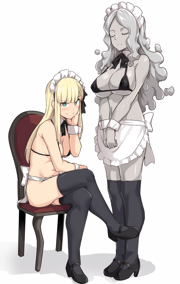 2girls apron bangs bikini black_stockings blonde_hair blush closed_eyes collar fate/grand_order fate_(series) female green_eyes hime_cut large_breasts long_hair looking_at_viewer lord_el-melloi_ii_case_files maid maid_headdress metal_girl metal_skin multiple_girls reines_el-melloi_archisorte shiseki_hirame sidelocks sitting small_breasts standing stockings trimmau white_background