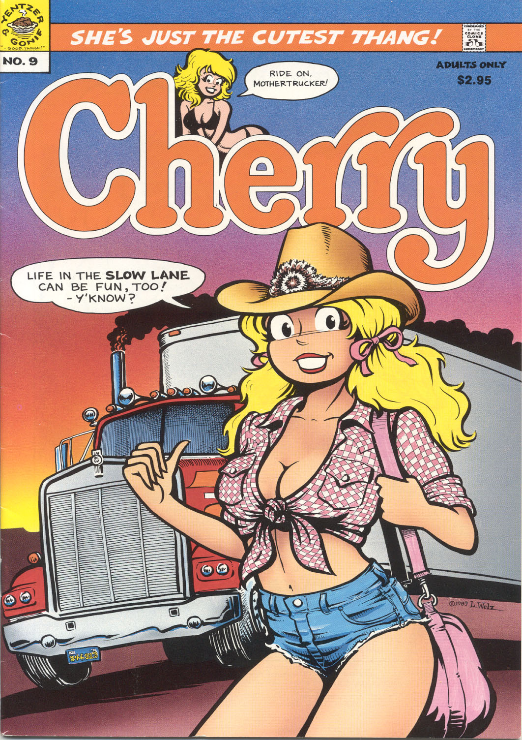 1980s 1989 20th_century blonde_hair cherry_poptart cherry_poptart_(comic) comic comic_cover cover_page cowboy_hat dialogue dress_shirt farmer farmgirl female hair_ribbons hitchhiking larry_welz pink_purse ponytails purse ribbon_hair short_jeans short_shorts straight_hair tied_shirt truck twintails