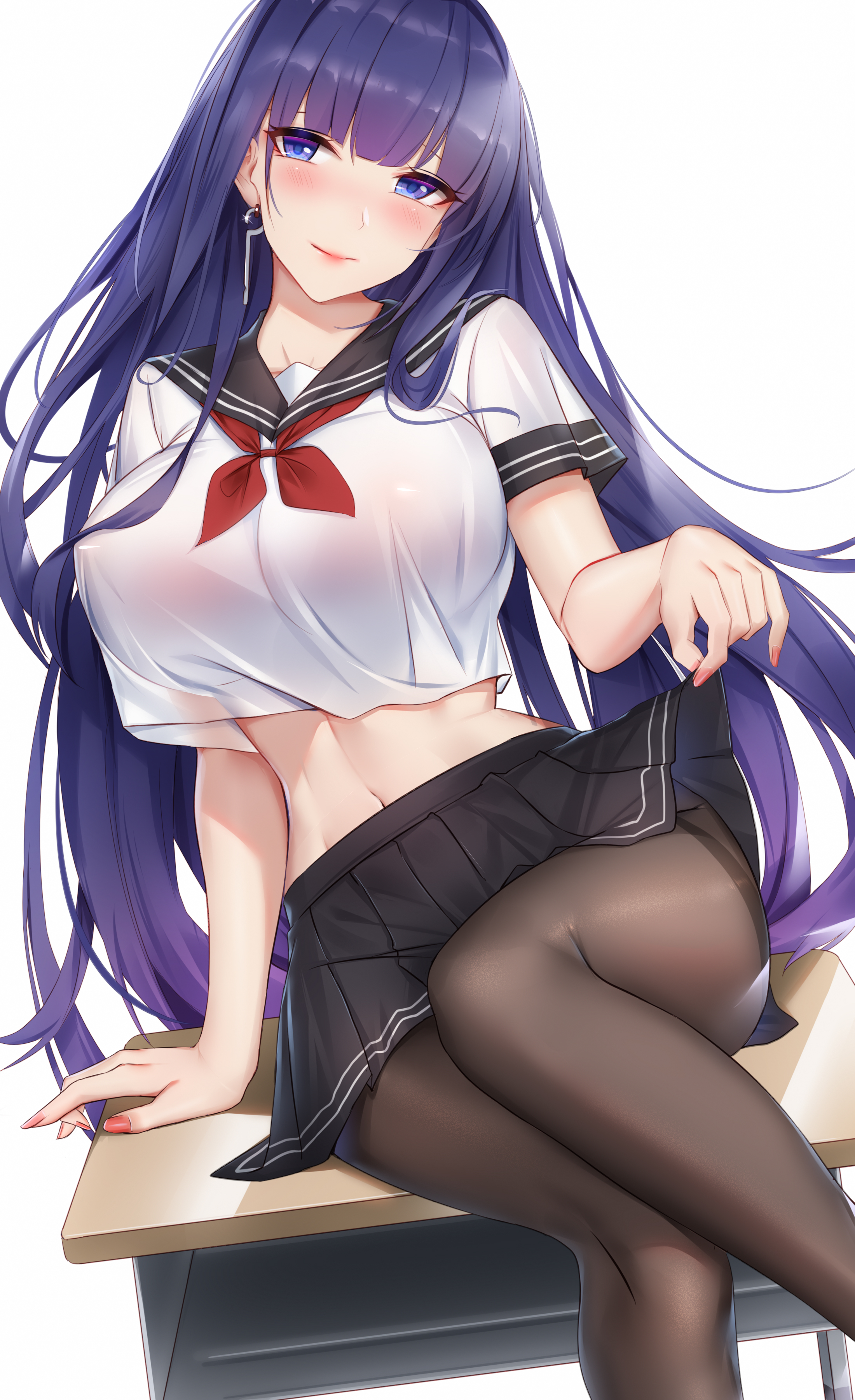 blush, breasts, female, honkai impact 3rd, huge breasts, jjanda, purple eyes, purple hair, raiden mei, school uniform, skirt, wu ganlan cairn