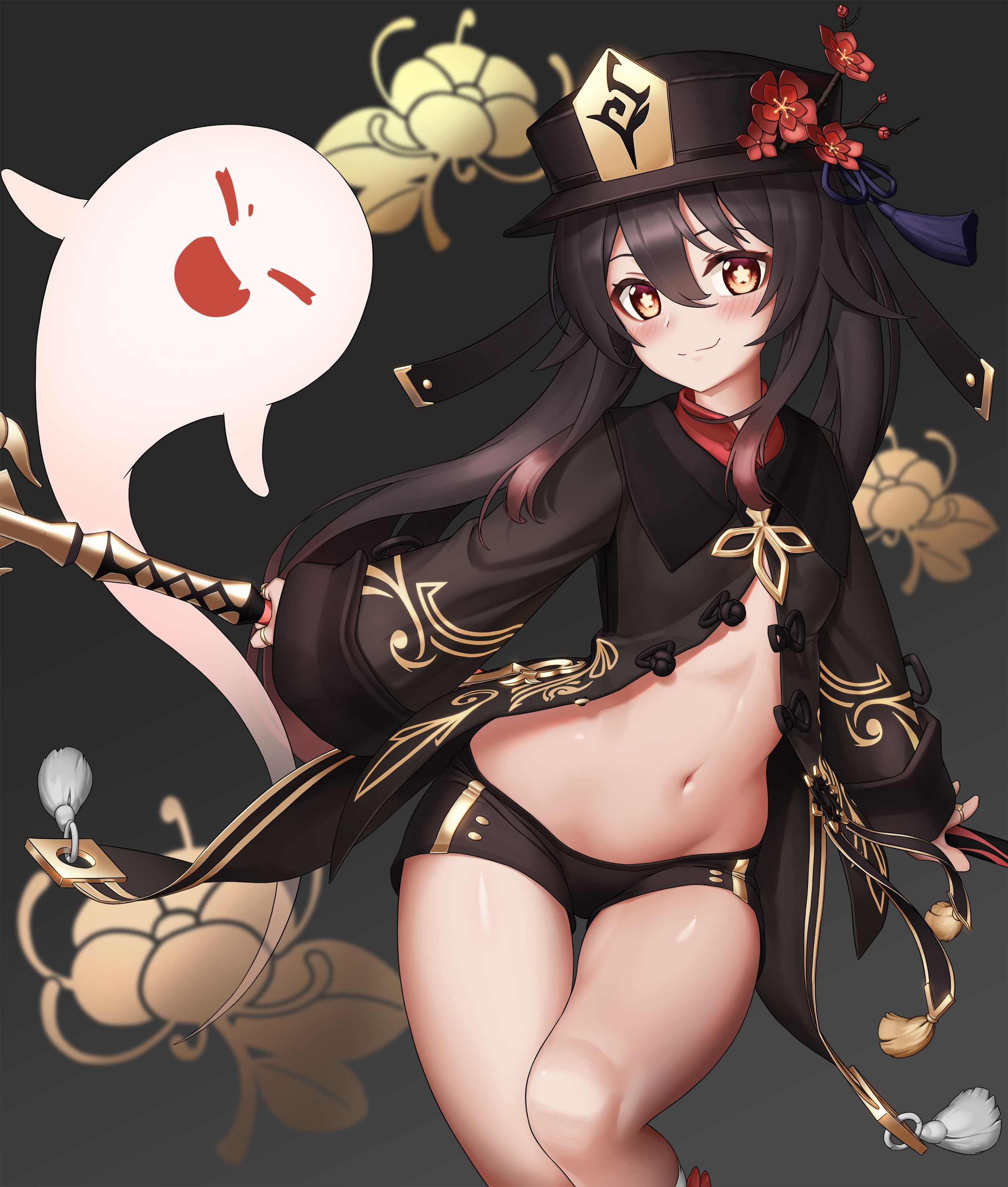 1girls, belly, belly button, boo tao (genshin impact), breasts, brown hair, female, genshin impact, ghost, hat, hi res, hu tao (genshin impact), looking at viewer, neowise, red eyes, revealing clothes, short shorts, shorts, small breasts, smile, twintails