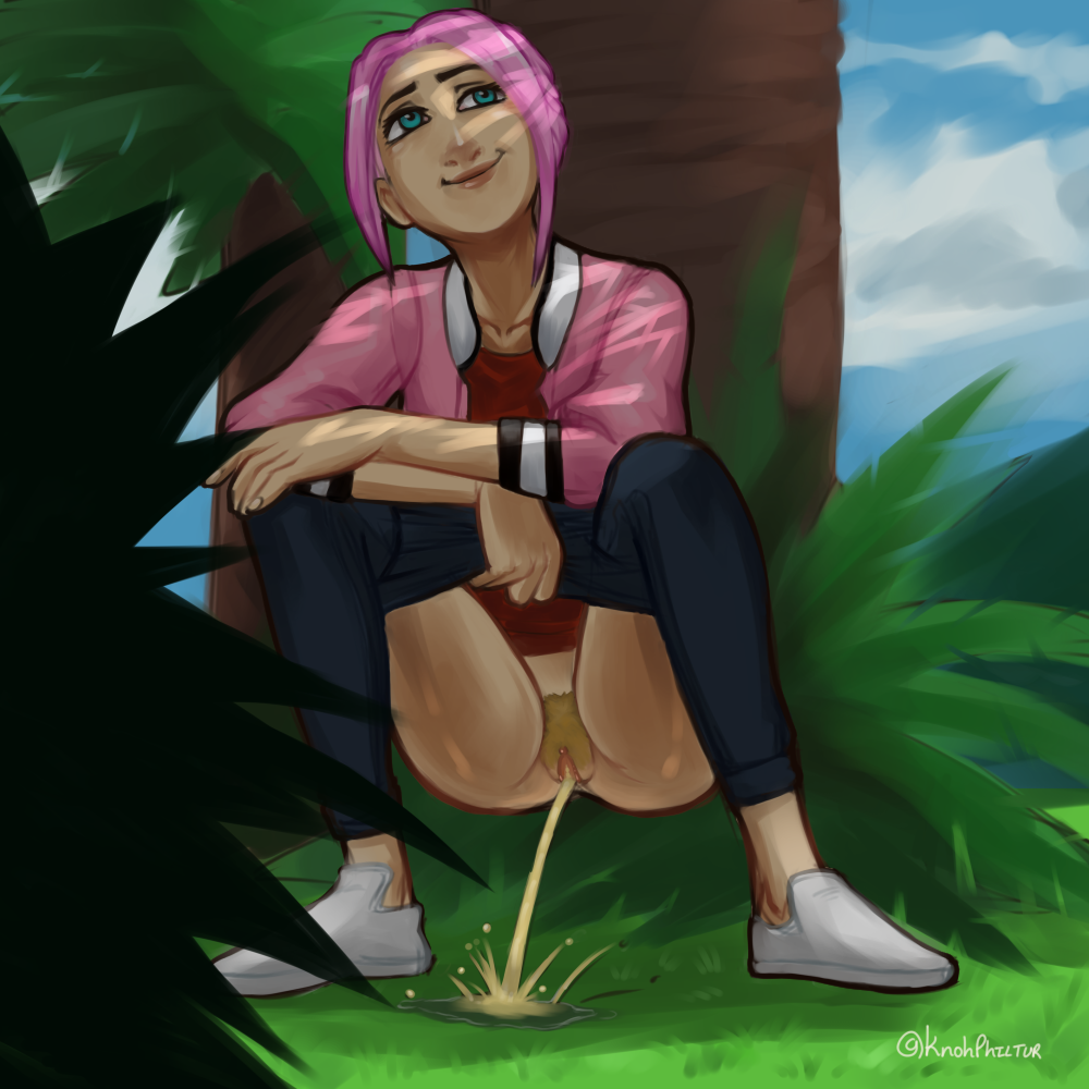 brooklynn_(jurassic_world) character_request clothing female footwear hairy_pussy human jurassic_park jurassic_world_camp_cretaceous knohphiltur outside peeing pink_hair pissing pubic_hair smiling squatting urine watersports