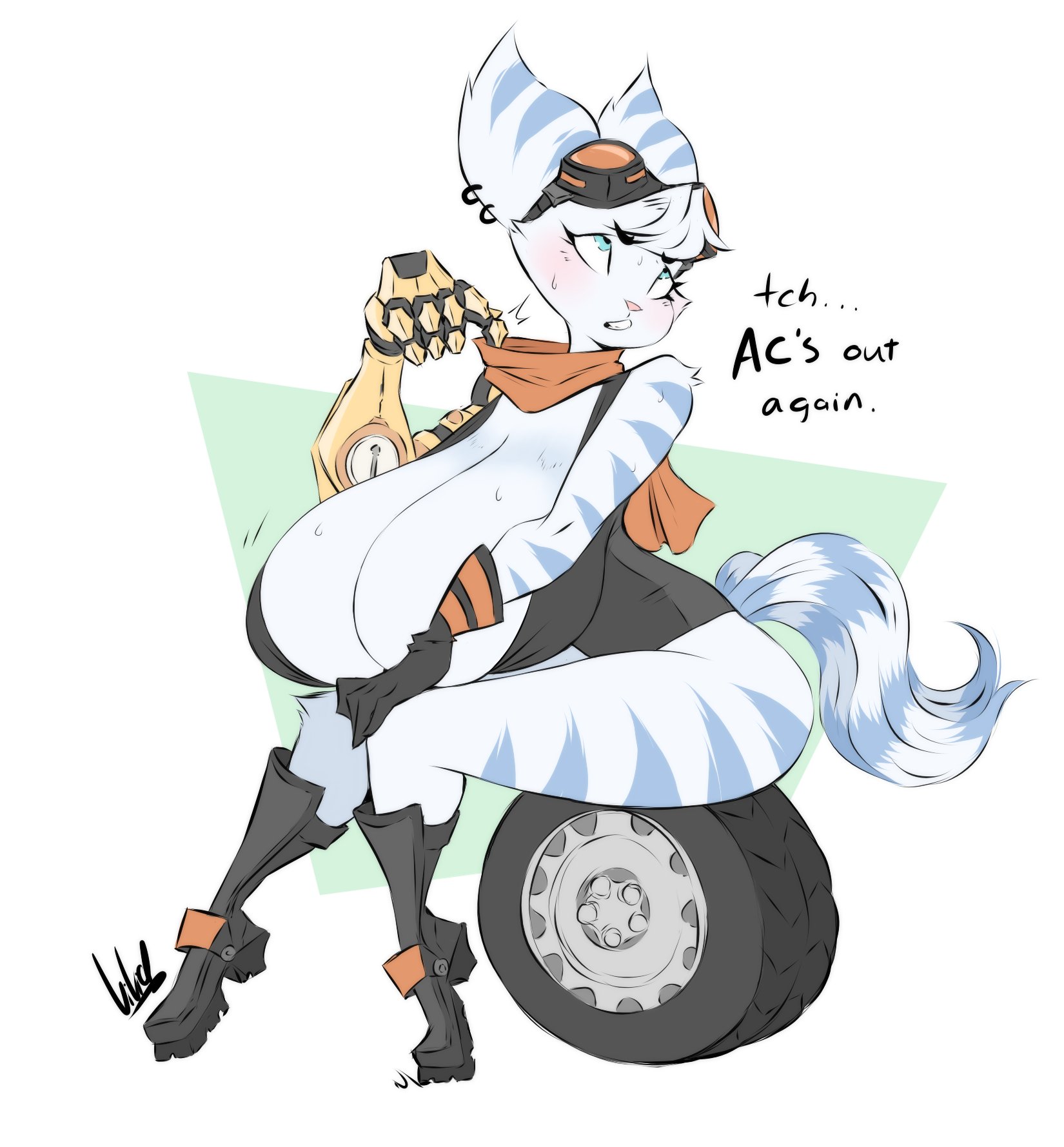 anthro, big breasts, breasts, clothed, clothing, cybernetic arm, cybernetic limb, cybernetics, dialogue, dullvivid, english text, female, fur, furry, furry only, huge breasts, large breasts, lombax, mechanical, no source, prosthetic, prosthetic arm, prosthetic limb, ratchet and clank, rivet (ratchet and clank), sitting, solo, tail, text, top heavy