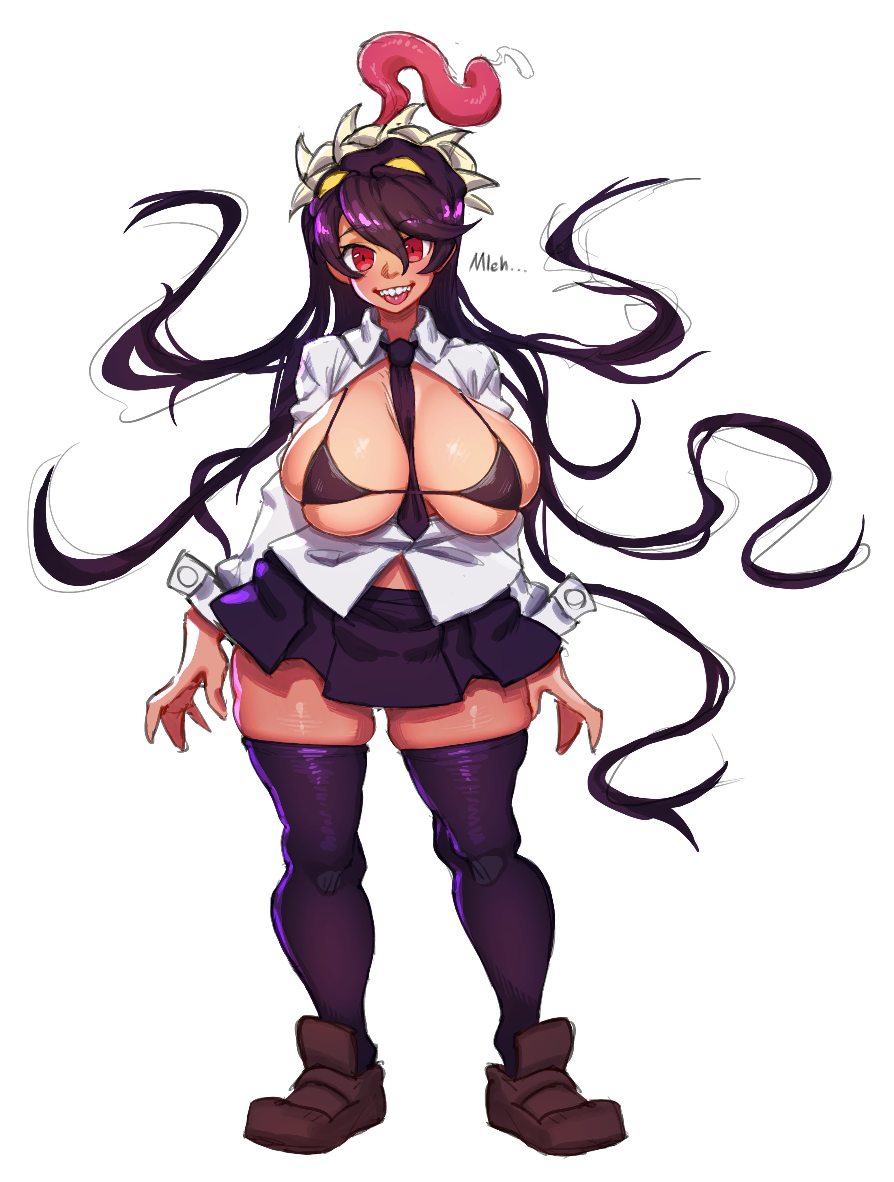 female, filia (skullgirls), living hair, makinakid, open shirt, purple hair, red eyes, samson (skullgirls), skirt, skullgirls, thigh highs, tongue, tongue out