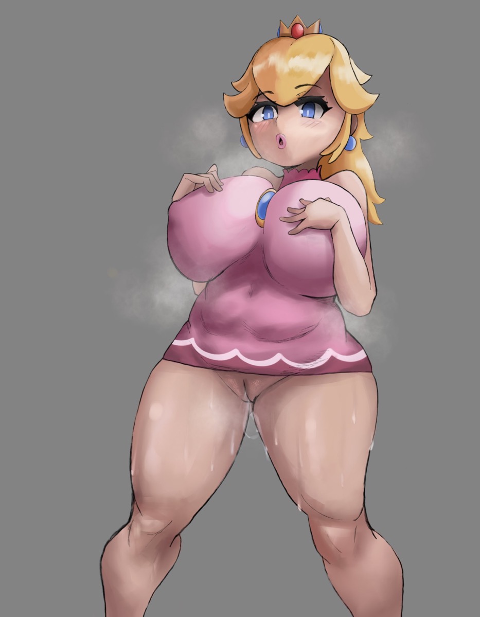 1girls big_breasts big_lips blonde_hair blue_eyes blush bottomless crown dripping exposed_pussy large_breasts lipstick mario_(series) mario_tennis nintendo no_panties pink_dress ponytail pressing_breasts_together princess_peach skirt sunzo05 surprised sweat sweatdrop thick_thighs tight_clothes tight_clothing voutake09 wet_pussy