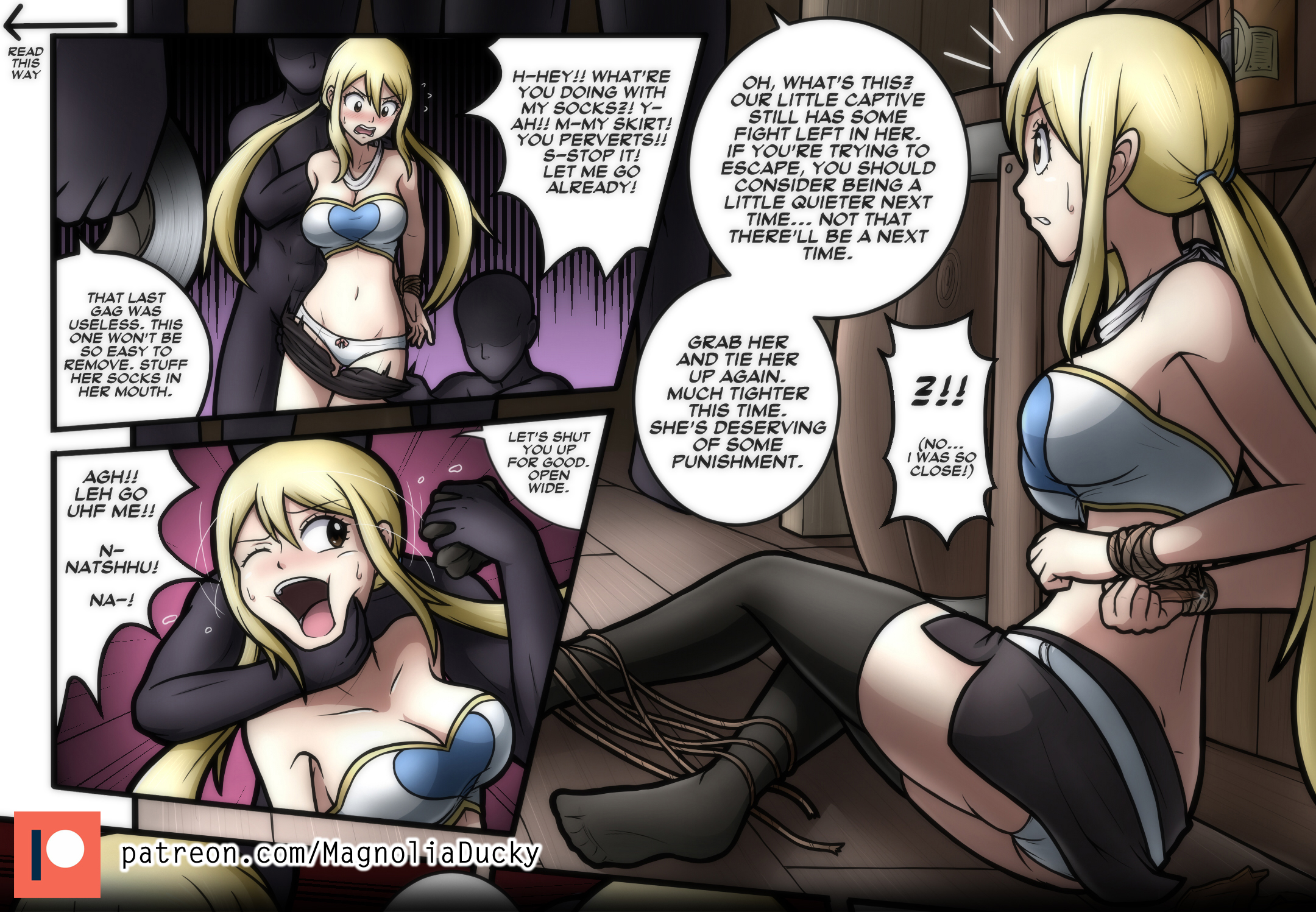1girls, big breasts, black legwear, black thighhighs, blonde, blonde hair, blonde-haired female, blush, bondage, bound, breasts, brown eyes, clothing, comic, dialogue, english text, fairy tail, female, legs together, long hair, lucy heartfilia, magnolia-baillon, open mouth, panties, restrained, skirt, text, thighhighs, white panties