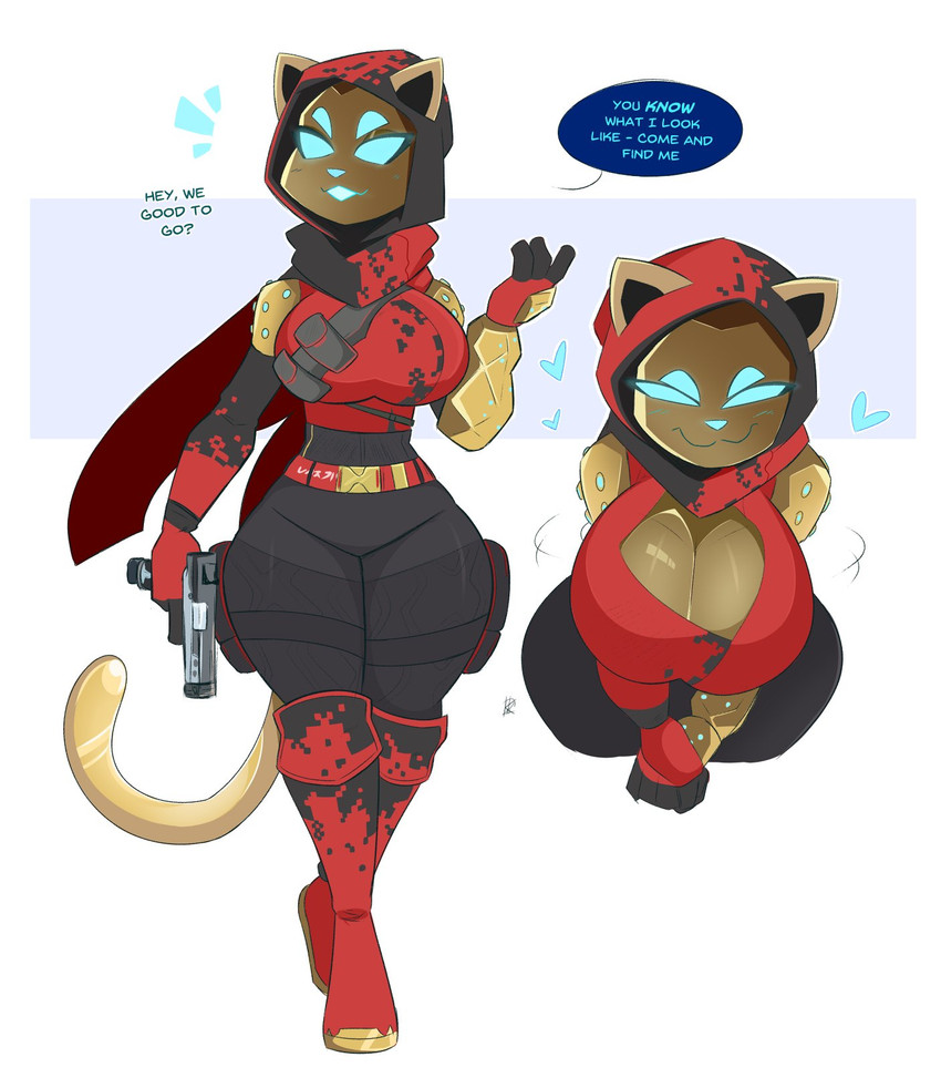 2d, anthro, apex legends, breasts, cat ears, cat girl, catgirl, clothing, dialogue, english text, female, glowing eyes, heart, hellcat wraith, holding object, holding weapon, kilinah, stretched clothing, tail, text, wraith (apex legends)