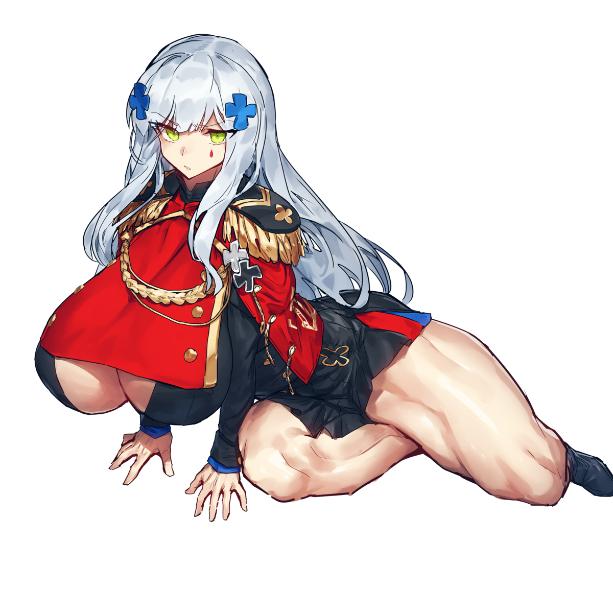 blue eyes, breasts, cosplay, curvy, face markings, female, girls' frontline, green eyes, hk416 (girls' frontline), huge breasts, large breasts, looking at viewer, melon22, military uniform, muscular, muscular female, muscular thighs, thick thighs, uniform, wide hips