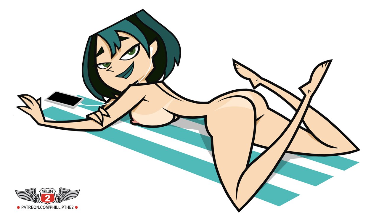 1girls, accurate art style, ass, beach towel, breasts, cleavage, dark blue hair, earbuds, female, female only, green eyes, green hair, gwen (tdi), horny female, lipstick, looking at viewer, naked, nipples, nude, phillipthe2, phone, sideboob, solo, thin female, total drama island, towel, white background, white skin
