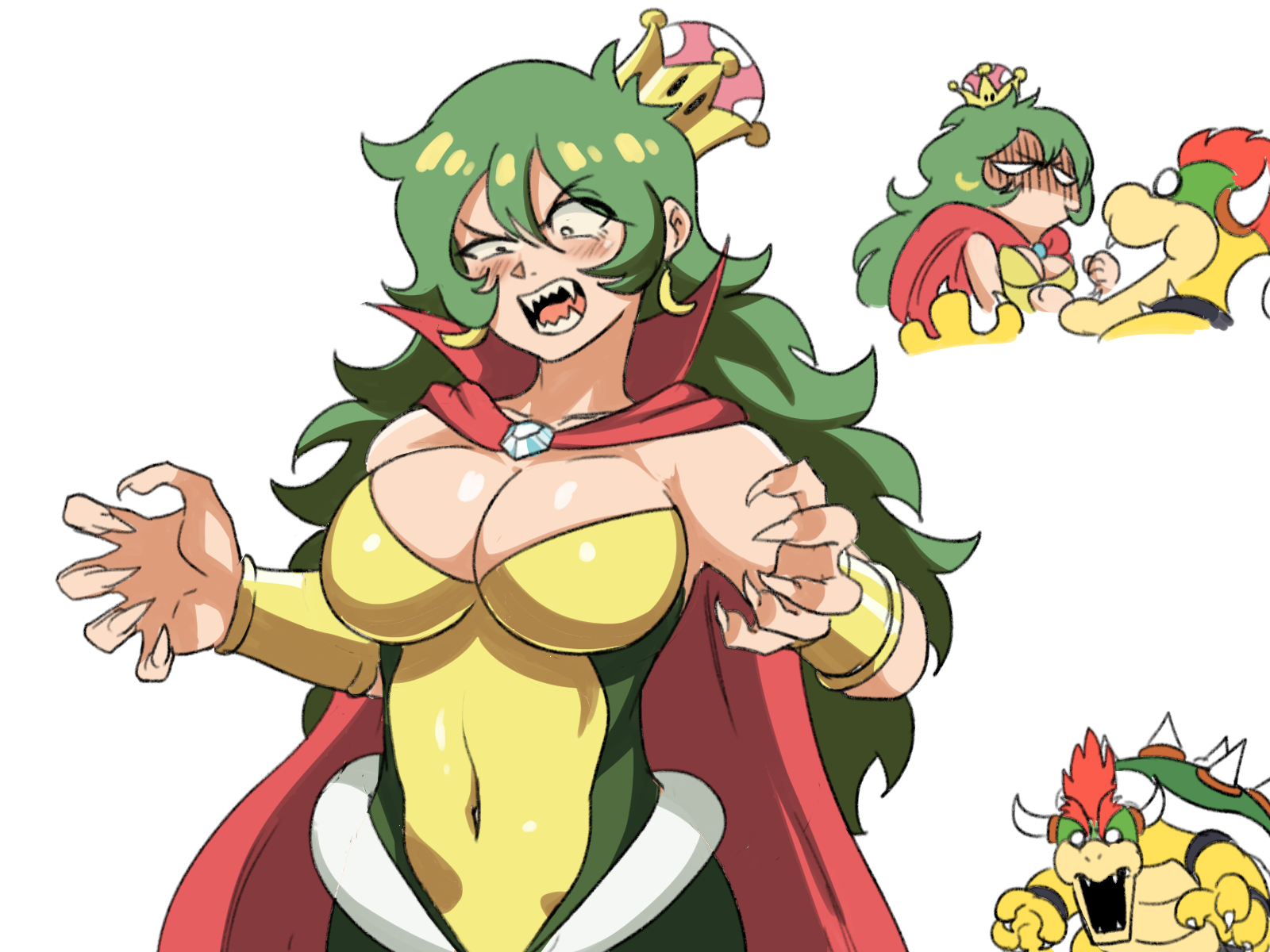 2021, big breasts, bowser, breasts, cleavage, cloak, donkey kong (series), female, green hair, k rool, long hair, mario (series), meme, new super mario bros. u deluxe, nintendo, queen k rool, rule 63, sharp fingernails, sharp teeth, super crown, super mario bros., super smash bros., tagme, tinafate1