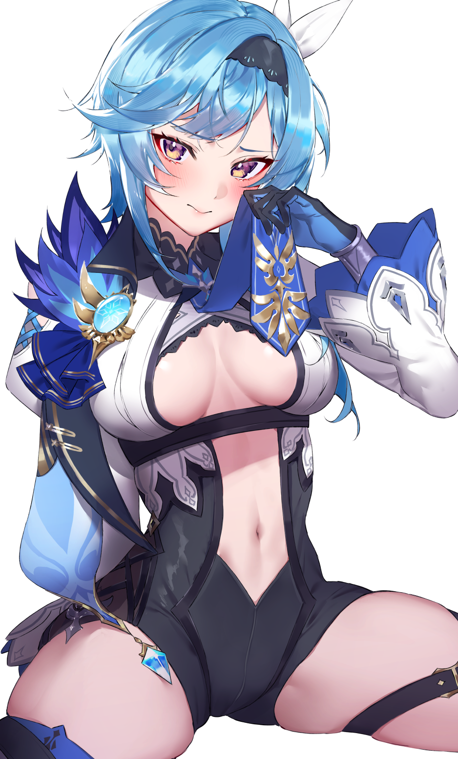 blue hair, blush, breasts, eula (genshin impact), female, female only, genshin impact, horny, tight clothing