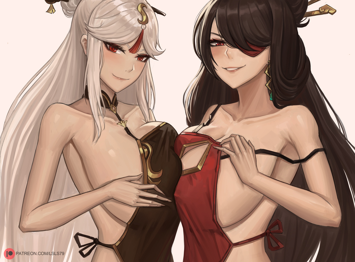 2girls, apron, beidou (genshin impact), breasts, brown hair, busty, eyepatch, female, female only, genshin impact, large breasts, looking at viewer, lsls, milf, naked apron, naughty face, ningguang (genshin impact), red eyes, sideboob, smile, symmetrical docking, white hair