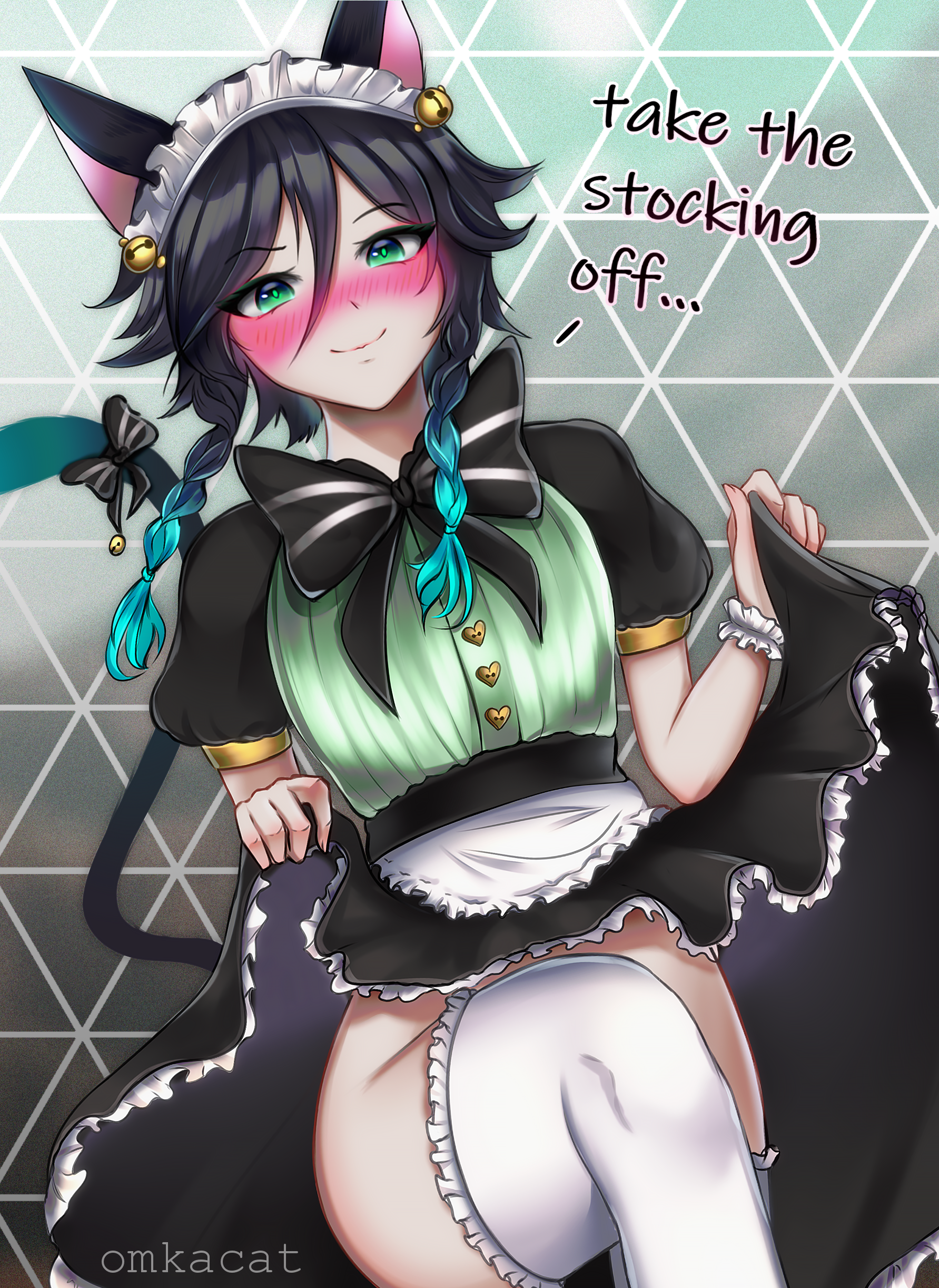 1boy, blush, cat boy, catboy, femboy, genshin impact, maid, maid outfit, maid uniform, male, male only, omkacat, solo, trap, venti (genshin impact)