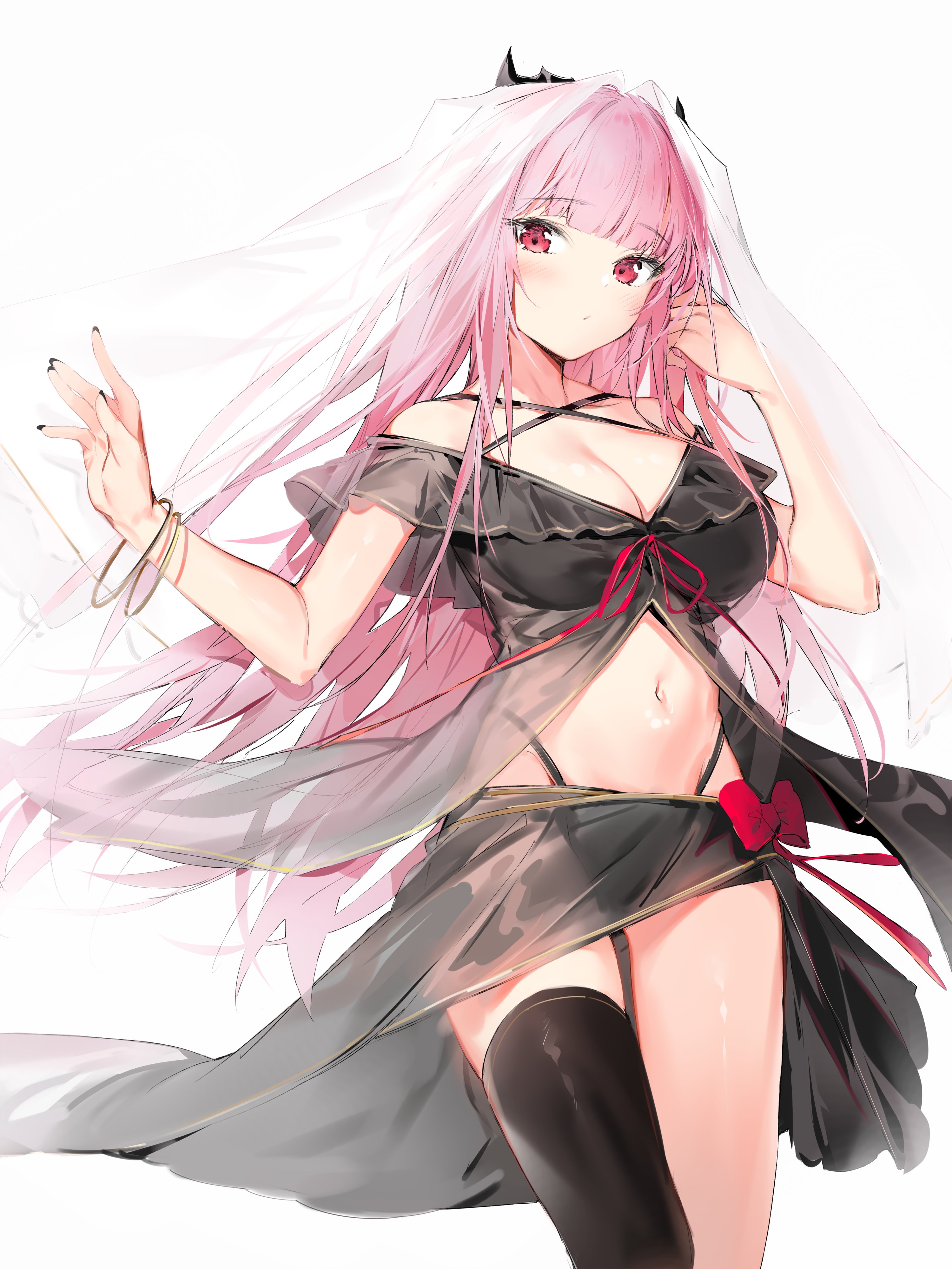 big breasts, black nails, blush, bracelet, breasts, cleavage, crown, female, hololive, hololive english, hololive myth, lingerie, long hair, mori calliope, navel, pink hair, red eyes, ribbon, seaocean01251, solo, stockings, tagme, underwear, veil, virtual youtuber