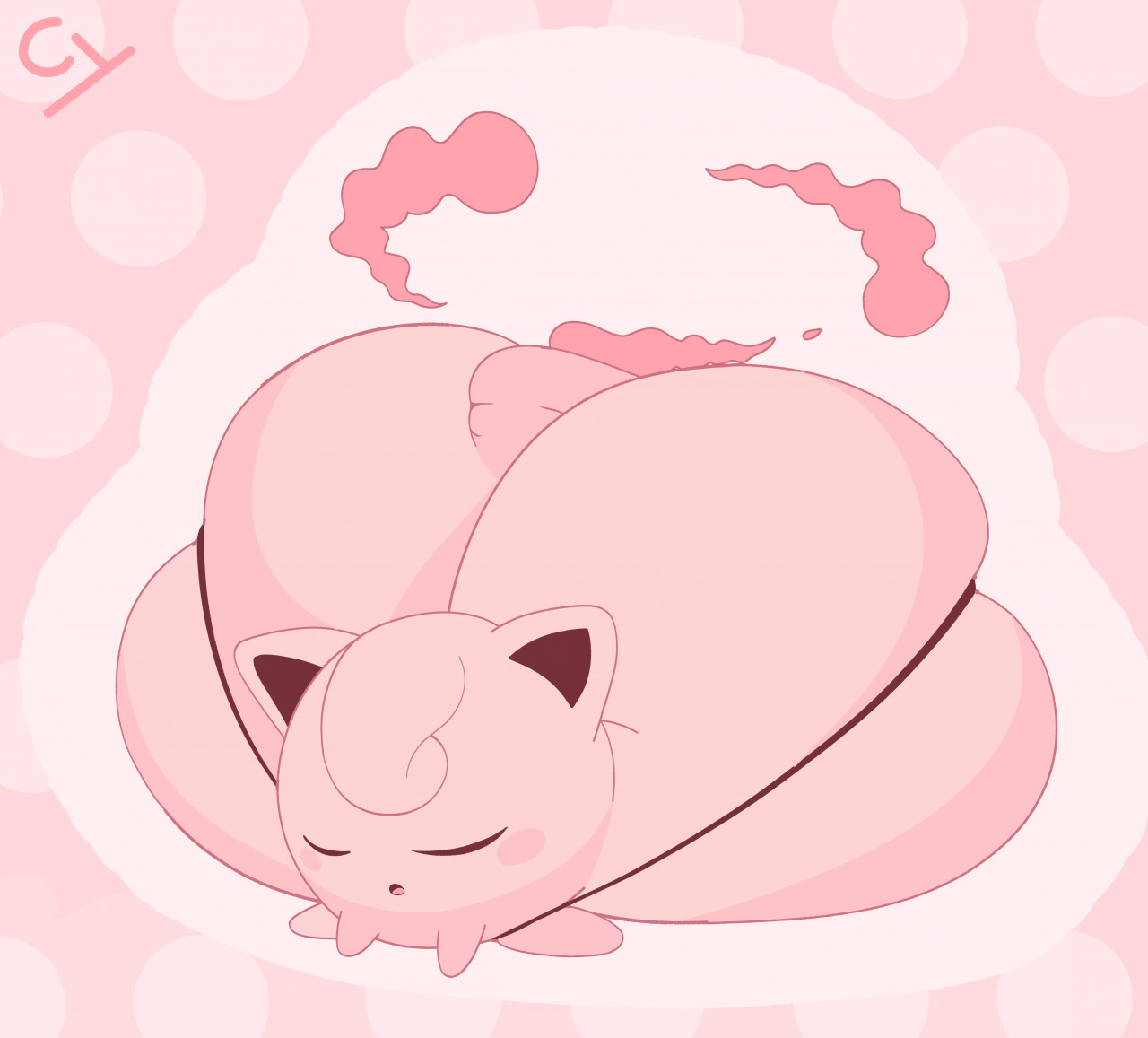 anus, ass, ass cleavage, ass crack, ass squeeze, ass squish, ball with hyper features, blush, butt crack, closed eyes, cloud, cyanu, donut anus, dynamax, ear, hyper anus, hyper ass, jigglypuff, large ass, panties, pink hair, pink skin, pokemon, pokemon (species), short hair, sleep, squished ass, tight clothing