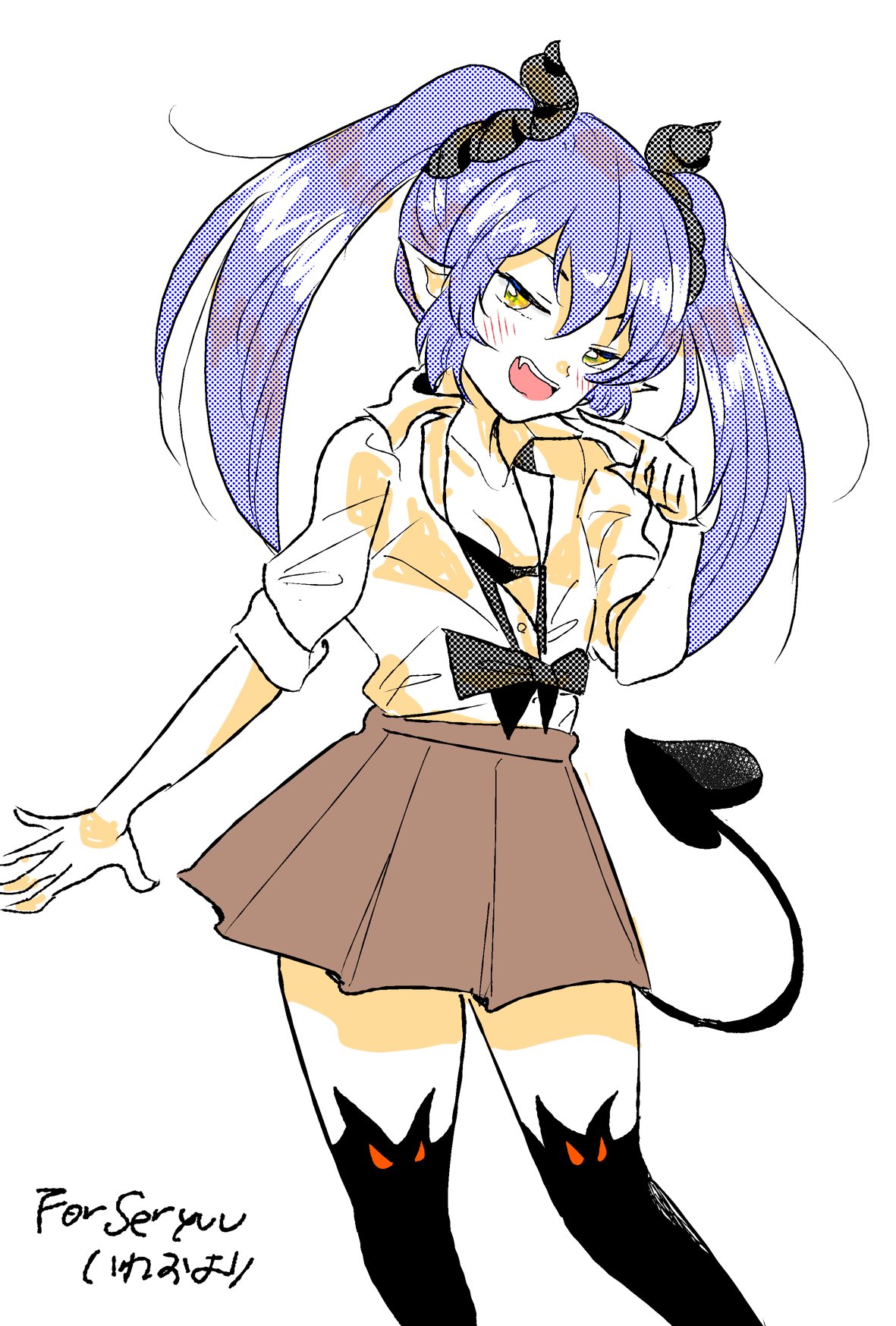 blue_hair demon_girl demon_horns demon_tail demon_wings horns original school_uniform seryuu tail wings yellow_eyes