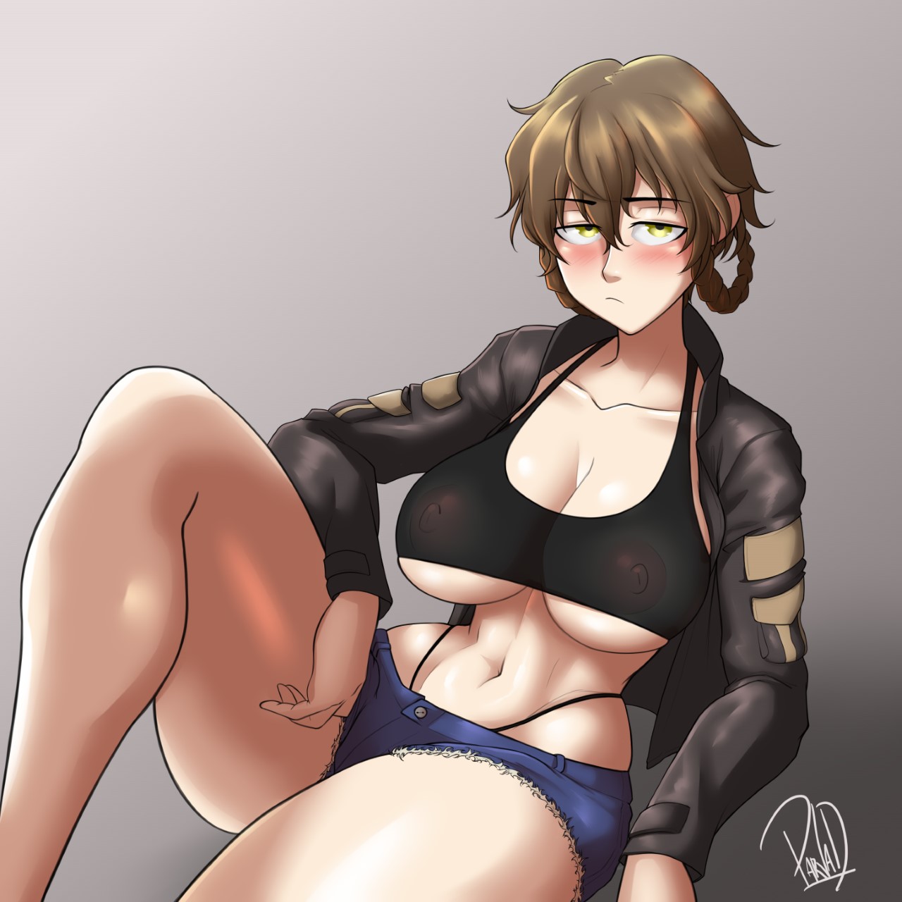 1girls, amane suzuha, blush, breasts, brown hair, denim shorts, female, hotpants, jacket, large breasts, light skin, light-skinned female, minishorts, nipples visible through clothing, open clothes, open jacket, parvad, short shorts, solo, sports bra, steins;gate, steins;gate 0, thick thighs, thong, thong above shorts, thong panties, thong straps, twin braids, underboob, yellow eyes