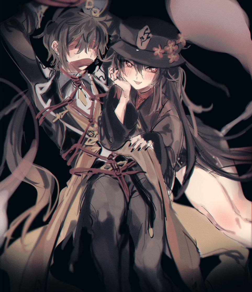 1boy 1boy1girl 1girls bangs black_background black_hair black_headwear black_nails black_shorts blindfold blush bondage bound bound_arms bound_wrists brown_hair chinese_clothes cloth_gag coat coattails collared_coat collared_shirt cowgirl_position crotch_rope earrings eyeliner female femdom flower flower-shaped_pupils formal gag gagged genshin_impact ghost hair_between_eyes hair_tie hand_on_another's_hip hand_on_own_chin hat hat_flower hat_ornament hu_tao_(genshin_impact) improvised_gag jacket jewelry long_hair long_pants long_sleeves lying makeup necktie on_back on_person on_side open_mouth pants plum_blossoms ponytail porkpie_hat red_eyes red_flower red_rope red_shirt restrained ring rope seductive_smile shibari_over_clothes shirt shorts sidelocks simple_background single_earring smile star-shaped_pupils star_(symbol) suit sweat sweatdrop symbol-shaped_pupils tailcoat tassel tassel_earrings thighs vest zhongli_(genshin_impact)