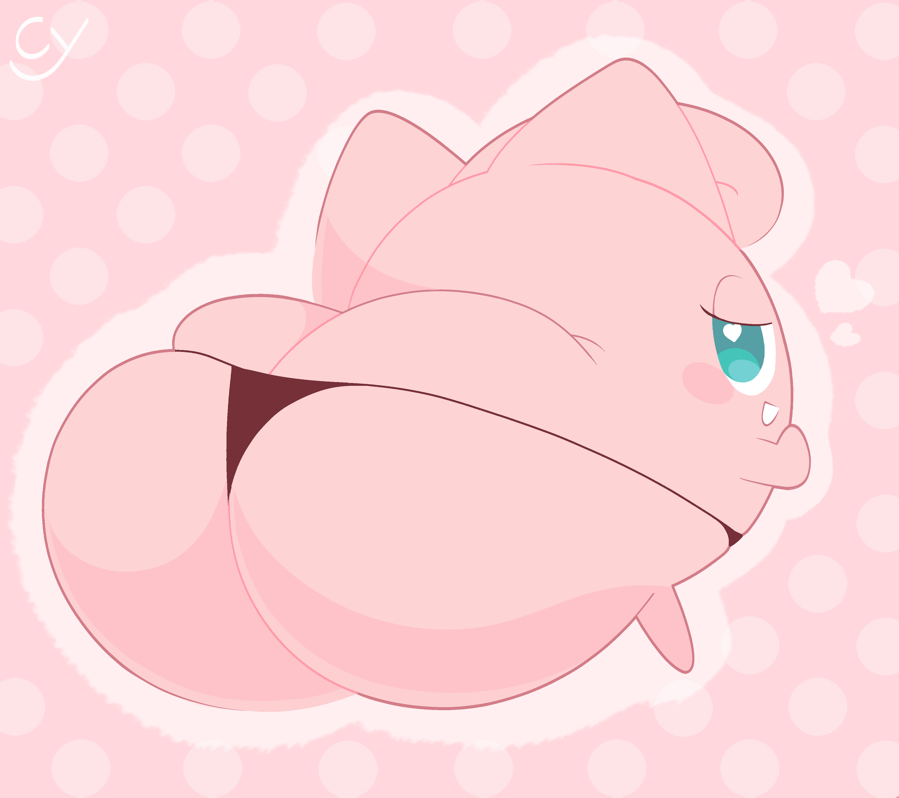 ass, ass cleavage, ass crack, ass squeeze, ass squish, ball with hyper features, blue eyes, blush, bubble ass, bubble butt, butt crack, cyanu, female, female focus, female only, heart, heart-shaped pupils, hyper ass, jigglypuff, large ass, looking at viewer, looking back, nintendo, panties, pink, pink hair, pink skin, pokemon, pokemon (species), simple background, smug, squished ass, tight clothing