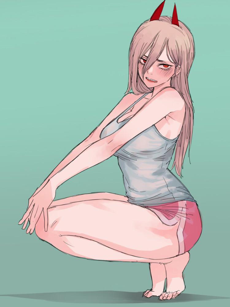 + +, 1girls, blonde hair, blonde-haired female, blush, chainsaw man, clothed, clothing, demon, demon girl, demon horns, dolphin shorts, female, female only, kneeling, power (chainsaw man), ratatatat74, red eyes, sharp teeth, shorts, solo, squatting, tank top, thin arms
