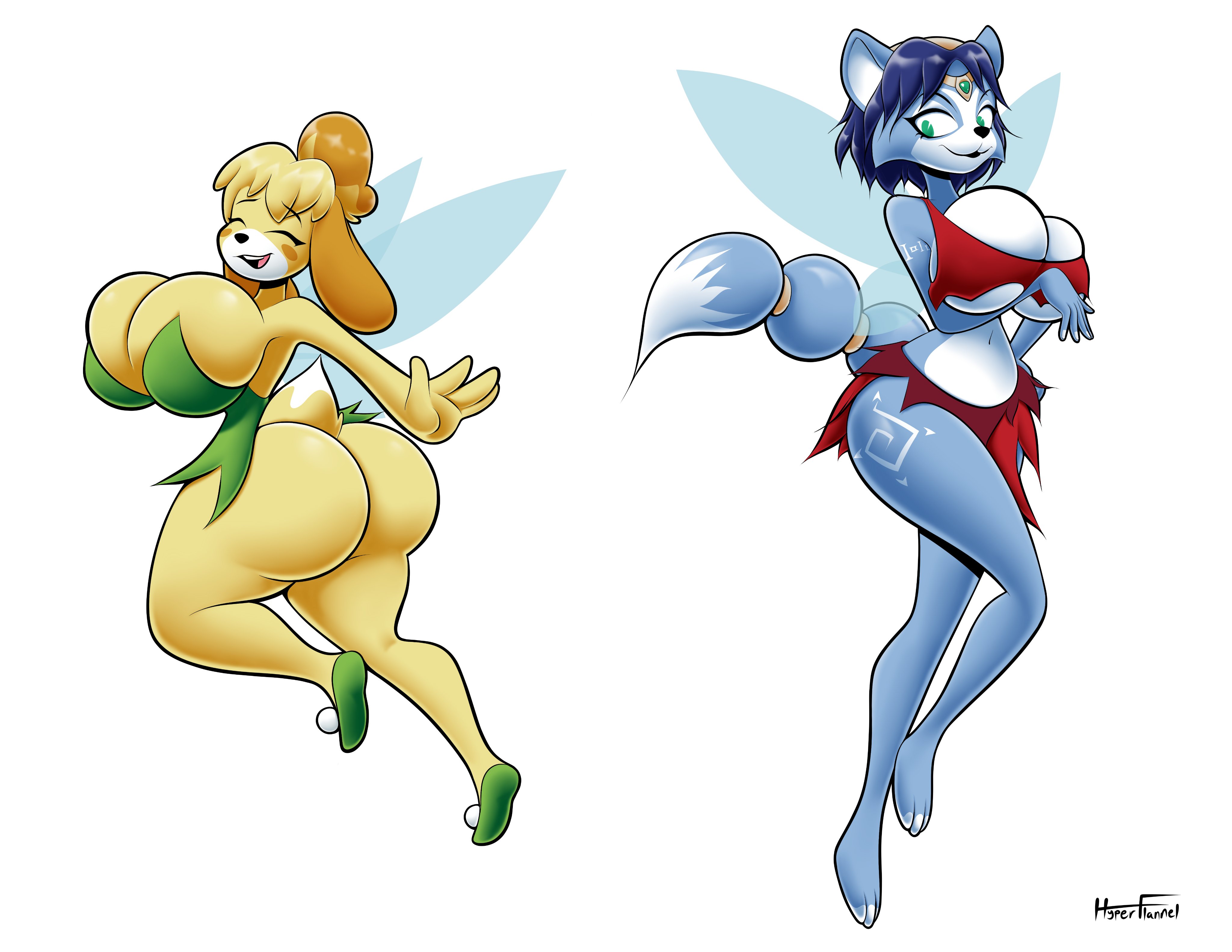 2021, 2girls, animal crossing, anthro, ass, big ass, big breasts, big butt, breasts, canid, canine, canis, cleavage, closed eyes, cosplay, crossover, crysta, crysta (cosplay), disney, domestic dog, duo, fae, faerie, fairy, fairy wings, female, female fox, female only, ferngully, fey, fox, fur, furry, furry only, hyperflannel, isabelle (animal crossing), krystal, mammal, nintendo, pixie, shih tzu, simple background, star fox, tail, thick thighs, thighs, tinker bell, tinker bell (cosplay), toy dog, white background, wings