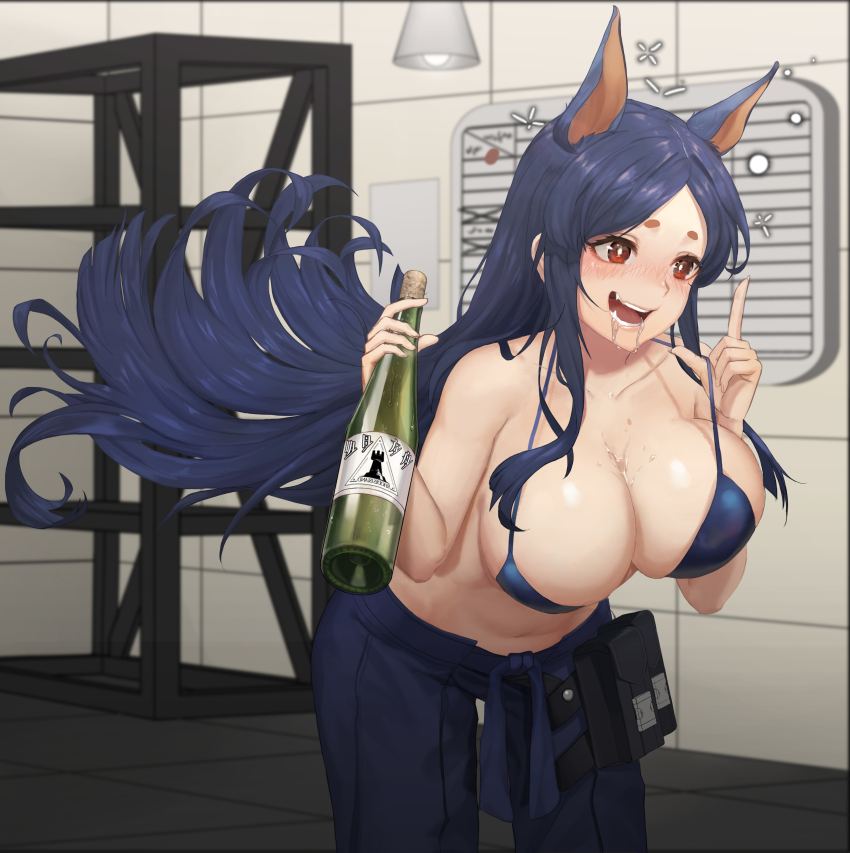 arknights, big breasts, bikini, blush, breasts, dobermann (arknights), drunk, female