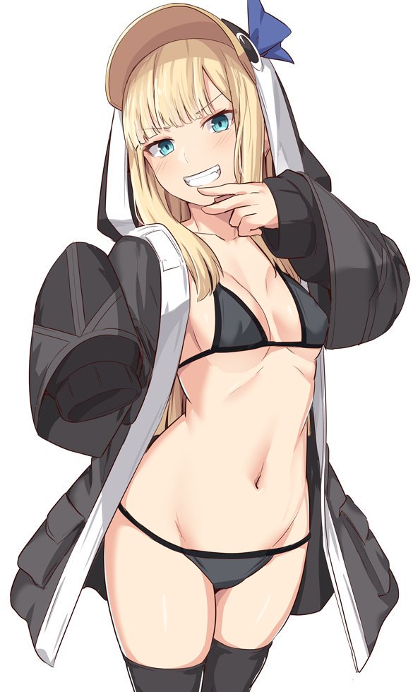 bangs bikini bikini_bottom bikini_top black_bikini black_bikini_bottom black_bikini_top black_stockings blonde_hair collarbone cosplay fate/grand_order fate_(series) grin hime_cut hood hoodie long_hair long_sleeves looking_at_viewer lord_el-melloi_ii_case_files meltryllis_(swimsuit_lancer)_(fate) navel open_clothes penguin reines_el-melloi_archisorte shiseki_hirame sidelocks small_breasts stockings swimsuit thighhighs white_background