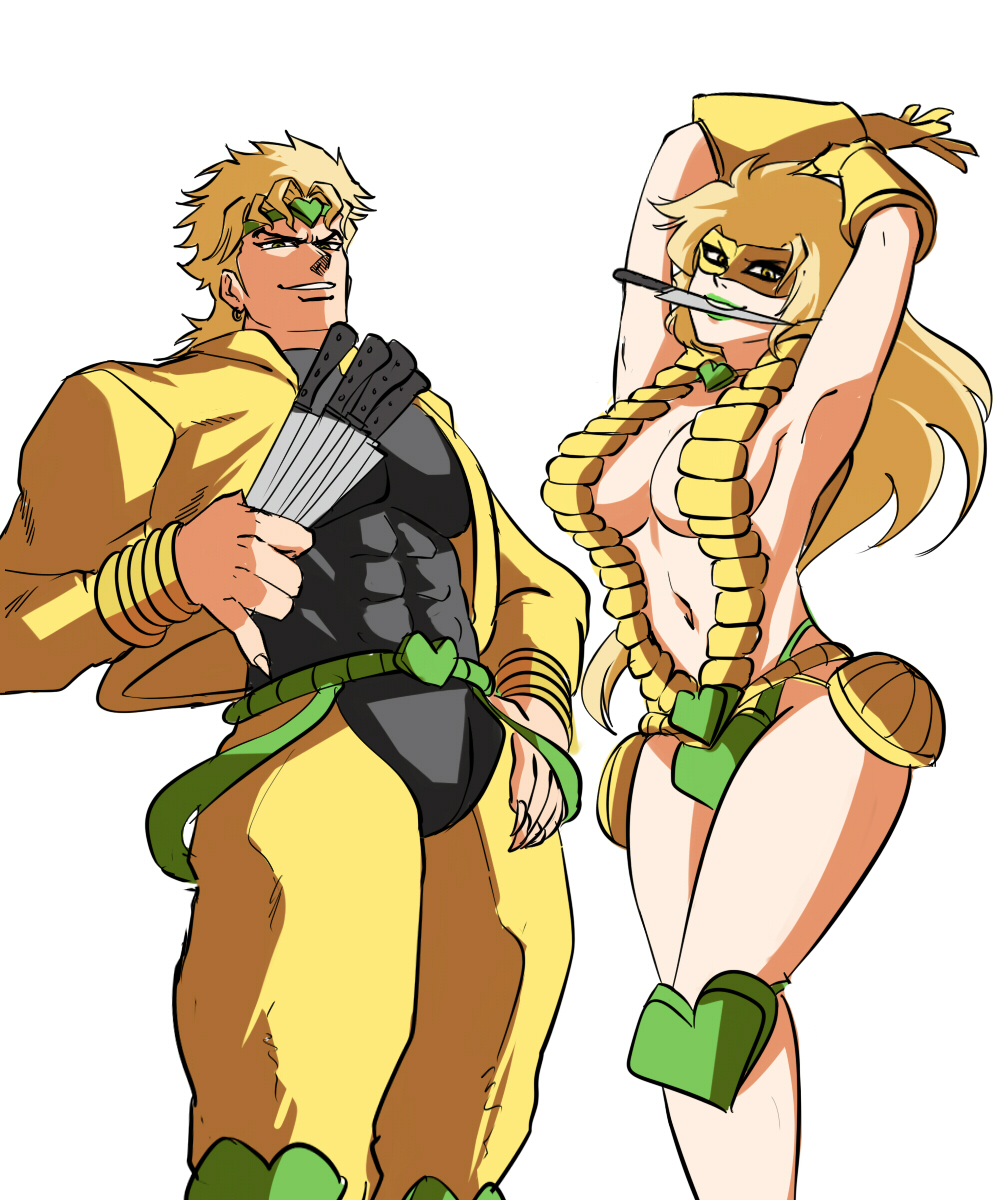 1boy 1girls 2021 5:6 abs armband armpits arms_above_head arms_up bare_shoulders belt blonde_hair bracelet breasts choker cleavage clothed clothing dio_brando earrings eye_mask female genderswap_(mtf) gloves green_belt green_headband green_thong hand_on_hip headband heart highres holding_knife humanized humanoid jewelry jojo's_bizarre_adventure knee_pads knife knife_in_mouth large_breasts light-skinned_female light_skin long_hair looking_at_viewer mask matching_hair/eyes mouth_hold muscles muscular muscular_male navel open_clothes pants pecs pose revealing_clothes rule_63 sharp_fingernails shounen_jump sideboob simple_background skin_tight smile smirk stand_(jjba) stardust_crusaders suspenders teeth the_world thighs thong tight_clothing tinafate1 underwear vampire white_background yellow_clothing yellow_eyes yellow_gloves