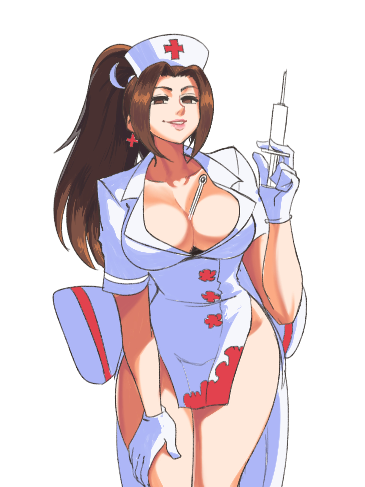 1girls, 2021, 3:4, between breasts, breasts, brown eyes, brown hair, china dress, chinese clothes, cleavage, clothed, clothing, dress, earrings, fatal fury, female, female only, gloves, hand on thigh, hat, highres, holding syringe, king of fighters, large breasts, leaning forward, lips, long hair, long ponytail, looking at viewer, mai shiranui, matching hair/eyes, nurse, nurse cap, object between breasts, ponytail, simple background, smile, solo, standing, syringe, teeth, thermometer, thick thighs, thighs, tied hair, tinafate1, uniform, white background, white clothing, white gloves, wide hips