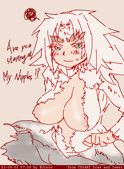 1girls angry blush crossbreed_priscilla dark_souls dragon dragon_girl embarrassed exposed_breasts exposed_nipples fromsoftware green_eyes horn horns jiete kneeling large_breasts looking_at_viewer monster_girl nipples pale_skin slit_pupils text white_fur white_hair