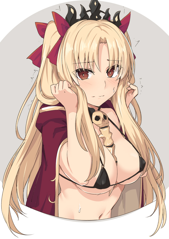 black bra, blonde hair, blush, bra, breasts, cape, closed eyes, ereshkigal (fate), eyebrows visible through hair, fate (series), fate/grand order, female, hair ornament, hair ribbon, looking at viewer, medium breasts, nervous, red cape, red eyes, red ribbon, ribbon, shiseki hirame, skull, sweatdrop, tiara