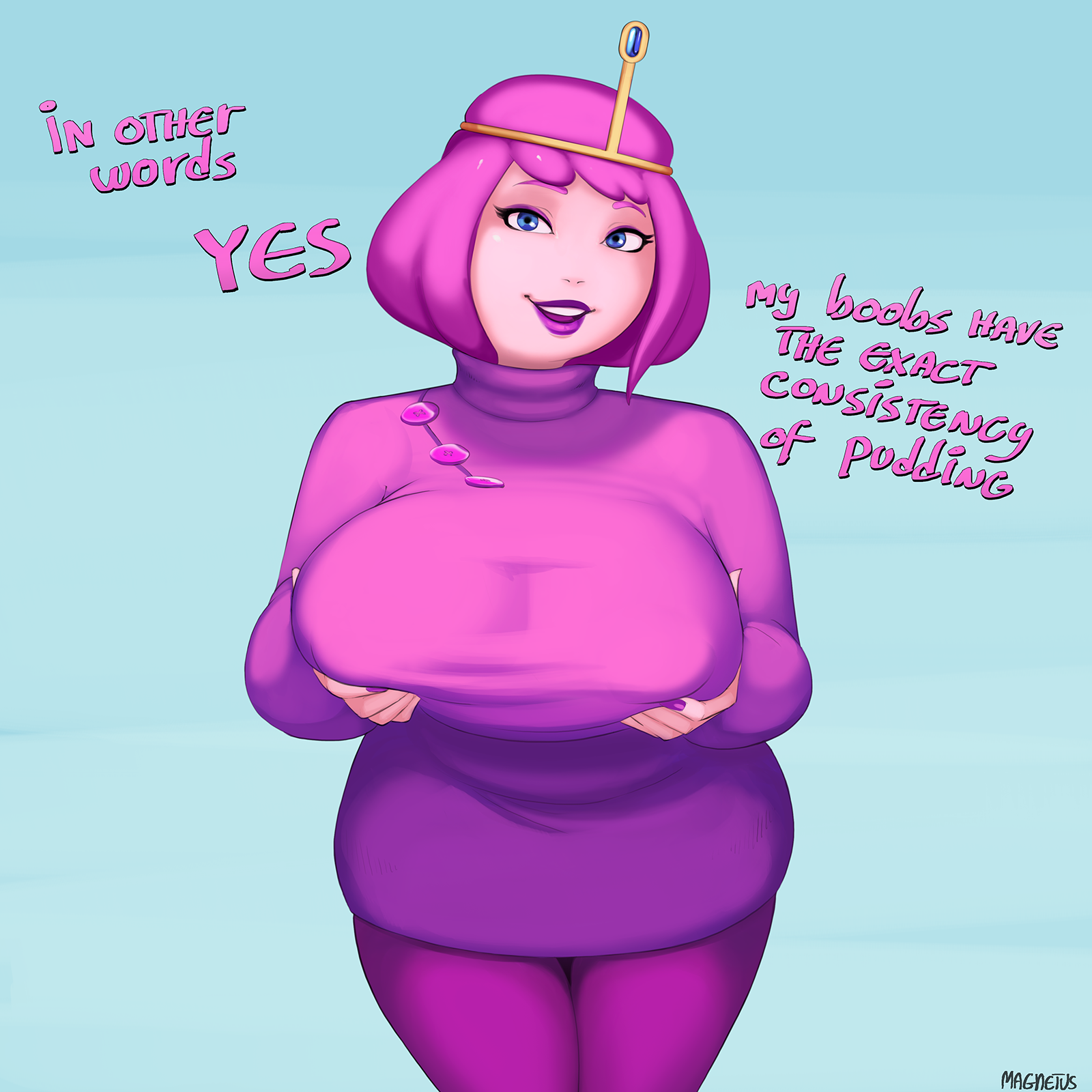 1girls, adventure time, blue background, blue eyes, breasts, cartoon network, english text, female, female only, holding breasts, holding own breasts, huge breasts, magnetus, pink clothing, pink hair, pink lipstick, pink pants, pink shirt, pink text, princess bubblegum, text