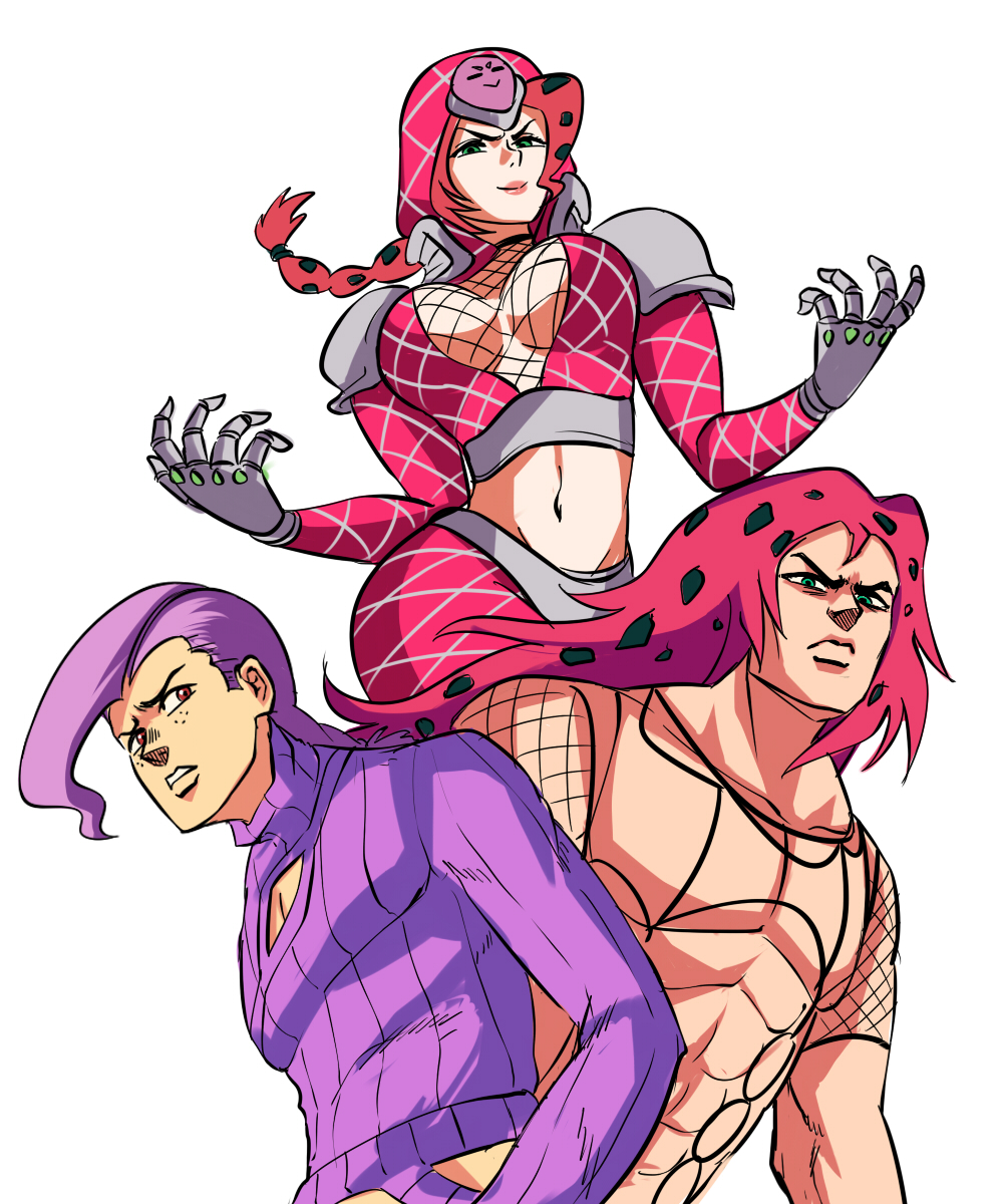 1girls 2021 2boys 5:6 abs armor black_hair braid center_opening cleavage_cutout clothed clothing diavolo dilf doppios_sweater dual_persona epitaph_(jjba) female fishnet_shirt fishnets genderswap_(mtf) gloves green_eyes grey_gloves highres hoodie humanized jojo's_bizarre_adventure king_crimson lips long_hair looking_at_another looking_at_viewer looking_back midriff multiple_boys muscles muscular muscular_male navel pants pink_hair ponytail pose purple_hair red_eyes revealing_clothes rule_63 serious shoulder_pads simple_background smile stand_(jjba) sweater teeth thick_thighs thighs tied_hair tight_clothing tinafate1 turtleneck turtleneck_sweater underboob vento_aureo vinegar_doppio white_background wide_hips