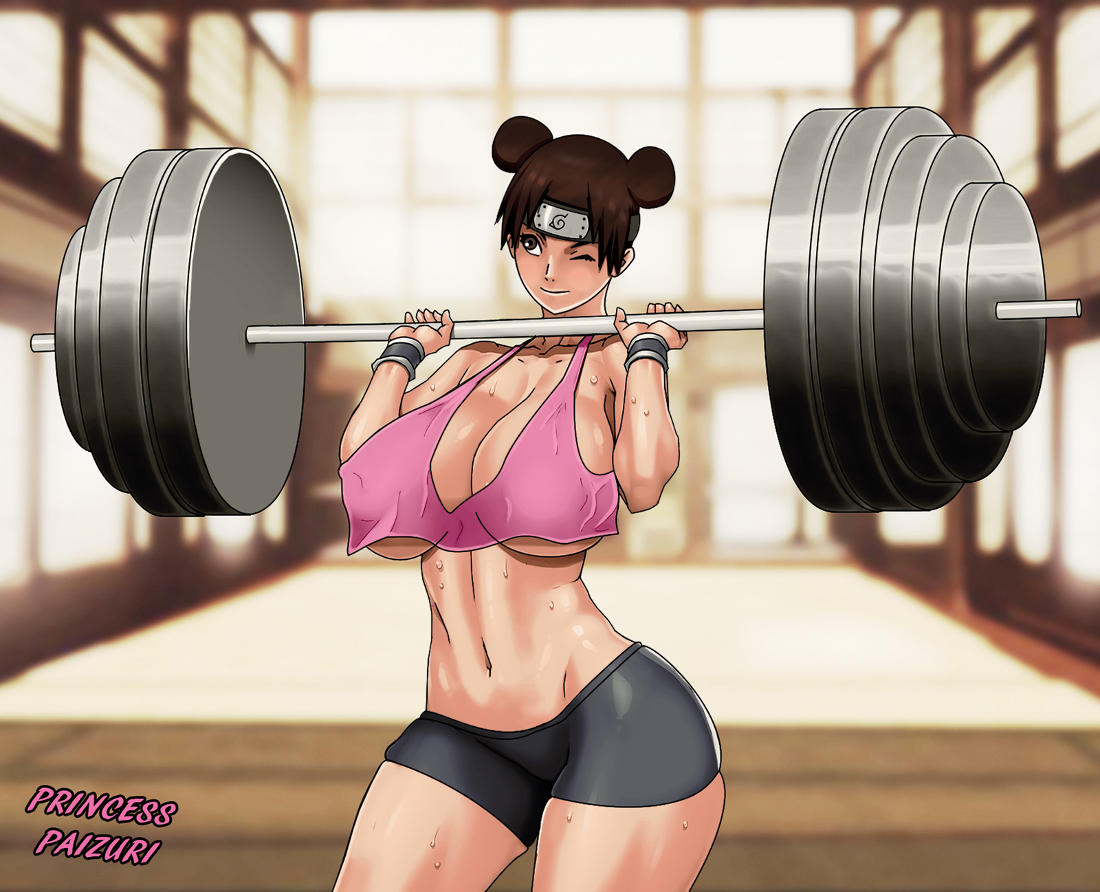 1girls, barbell, bare shoulders, big breasts, bike shorts, bracelets, breasts, brown eyes, brown hair, cleavage, crop top, curvaceous, double bun, erect nipples, female, female only, fit, fit female, headband, holding object, indoors, konohagakure symbol, midriff, naruto, naruto (series), naruto shippuden, nipples, no underwear, one eye closed, princess paizuri, shorts, smile, strong, sweat, sweatdrop, tank top, tenten, tied hair, training, underboob, weightlifting, wide hips