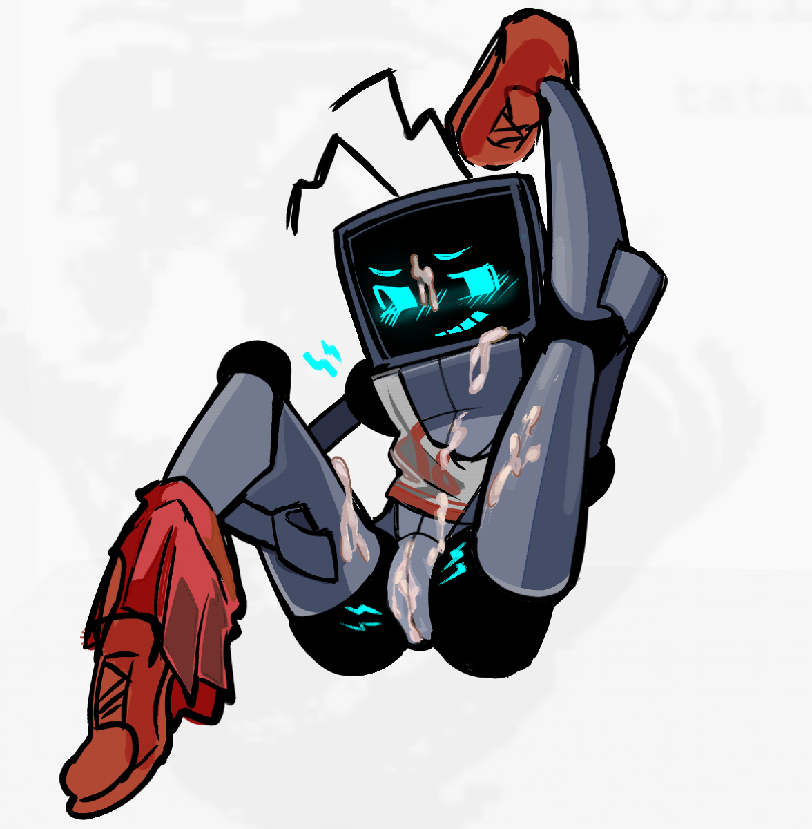 blush, cum, cum in pussy, cum inside, cuntboy, cuntboy only, fan character, friday night funkin, hex (yingyang48), intersex, lifting leg, looking at viewer, loose clothes, pussy, robot, robot humanoid, vagina