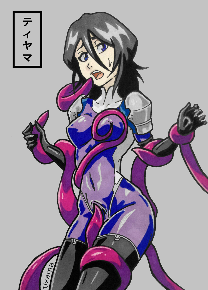 1girls black_hair bleach blue_eyes bodysuit grope groping imminent_oral imminent_rape imminent_sex kuchiki_rukia latex latex_suit medium_breasts pale_skin petite restrained short_hair small_breasts tentacle tentacle_bondage tiyama wet