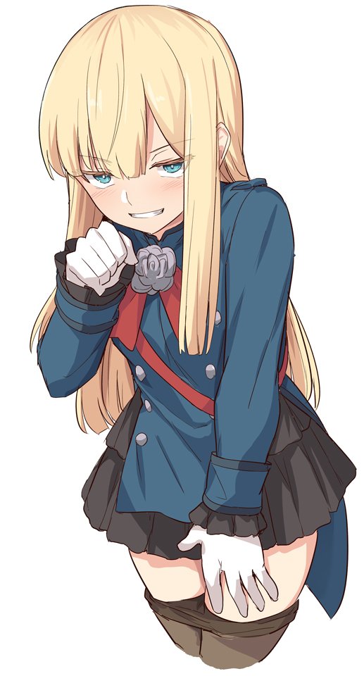 bangs blonde_hair blue_coat eyebrows_visible_through_hair fate/grand_order fate_(series) gloves hime_cut long_hair lord_el-melloi_ii_case_files pantyhose pantyhose_down pleated_skirt reines_el-melloi_archisorte rose seductive seductive_eyes seductive_look seductive_smile shiseki_hirame shoulder_pads sidelocks skirt tailcoat white_background white_gloves white_rose zettai_ryouiki