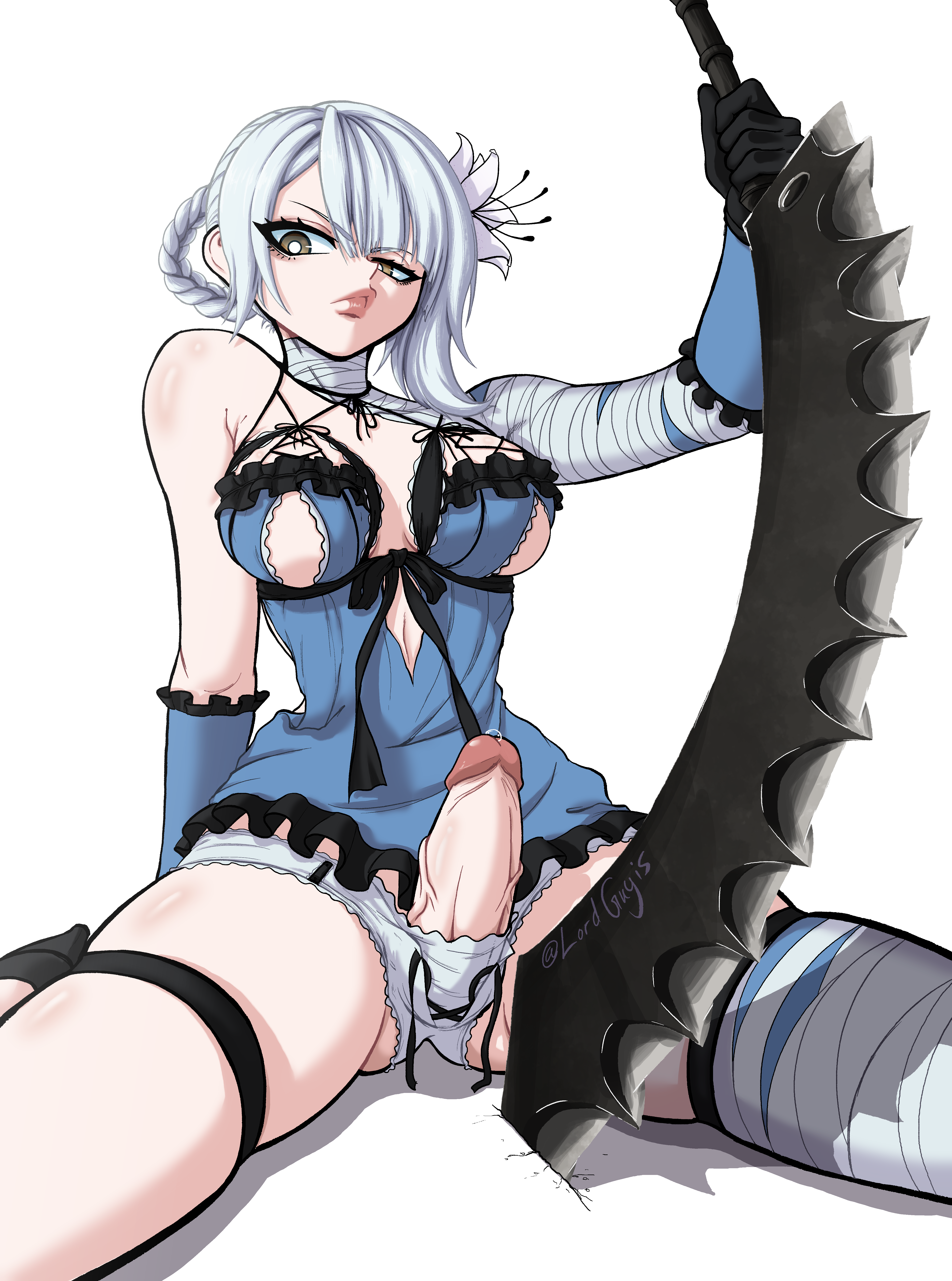 1futa, 1girls, bandage, bandaged arm, bandaged leg, bra, breasts, clothed, clothing, dickgirl, female, flower, futa only, futanari, hair flower, hair ornament, holding, holding sword, holding weapon, human, intersex, kaine (nier), light skin, lordguyis, medium hair, nier (series), nier replicant, pale skin, partially clothed, penis, silver hair, sitting, solo, solo futa, spread legs, square enix, underwear