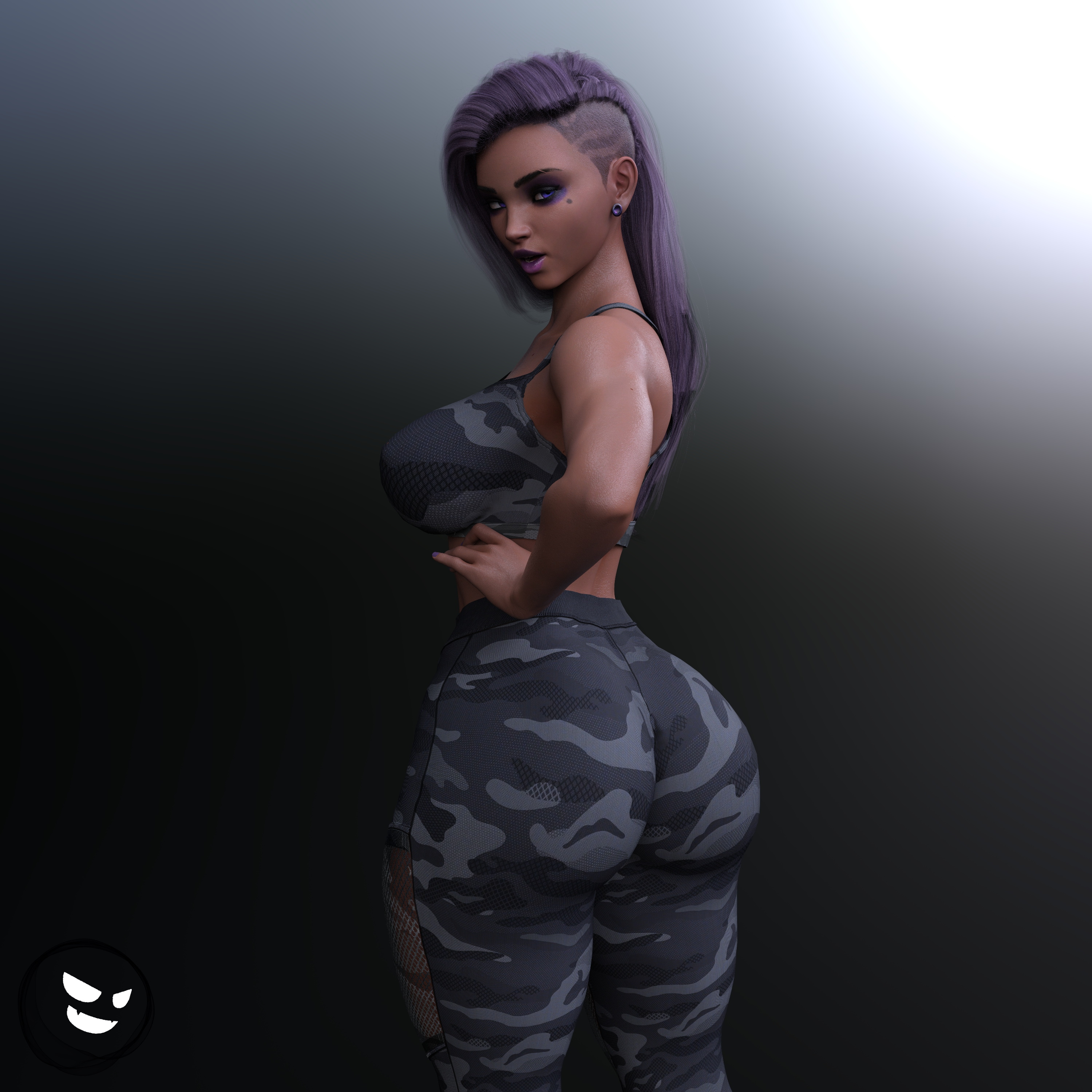 1girls, 3d, ass, back view, big ass, big breasts, blizzard entertainment, breasts, bubble ass, camouflage pants, dark skin, dark-skinned female, dumptrcuk ass, female, female only, gm studios, hi res, looking back, olivia colomar, overwatch, overwatch 2, purple hair, round ass, simple background, solo, solo female, sombra, sports bra, thick thighs, tight clothing, tight pants, yoga pants