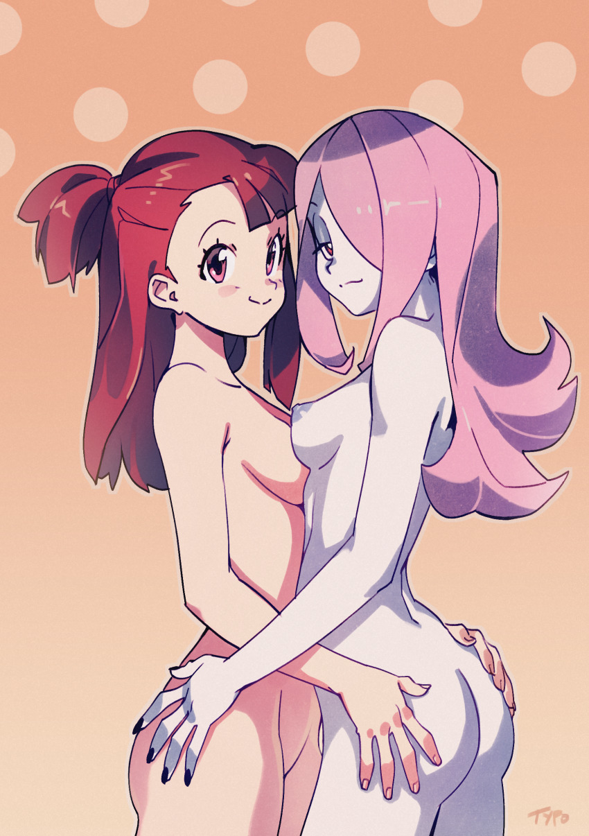 2girls absurdres akko_kagari artist_name ass atsuko_kagari breast_press breasts brown_eyes brown_hair hands_on_another's_hips highres kagari_atsuko light_smile little_witch_academia long_hair looking_at_viewer multiple_girls nail_polish nipples nude optionaltypo paid_reward petite pink_hair simple_background small_breasts studio_trigger sucy_manbavaran