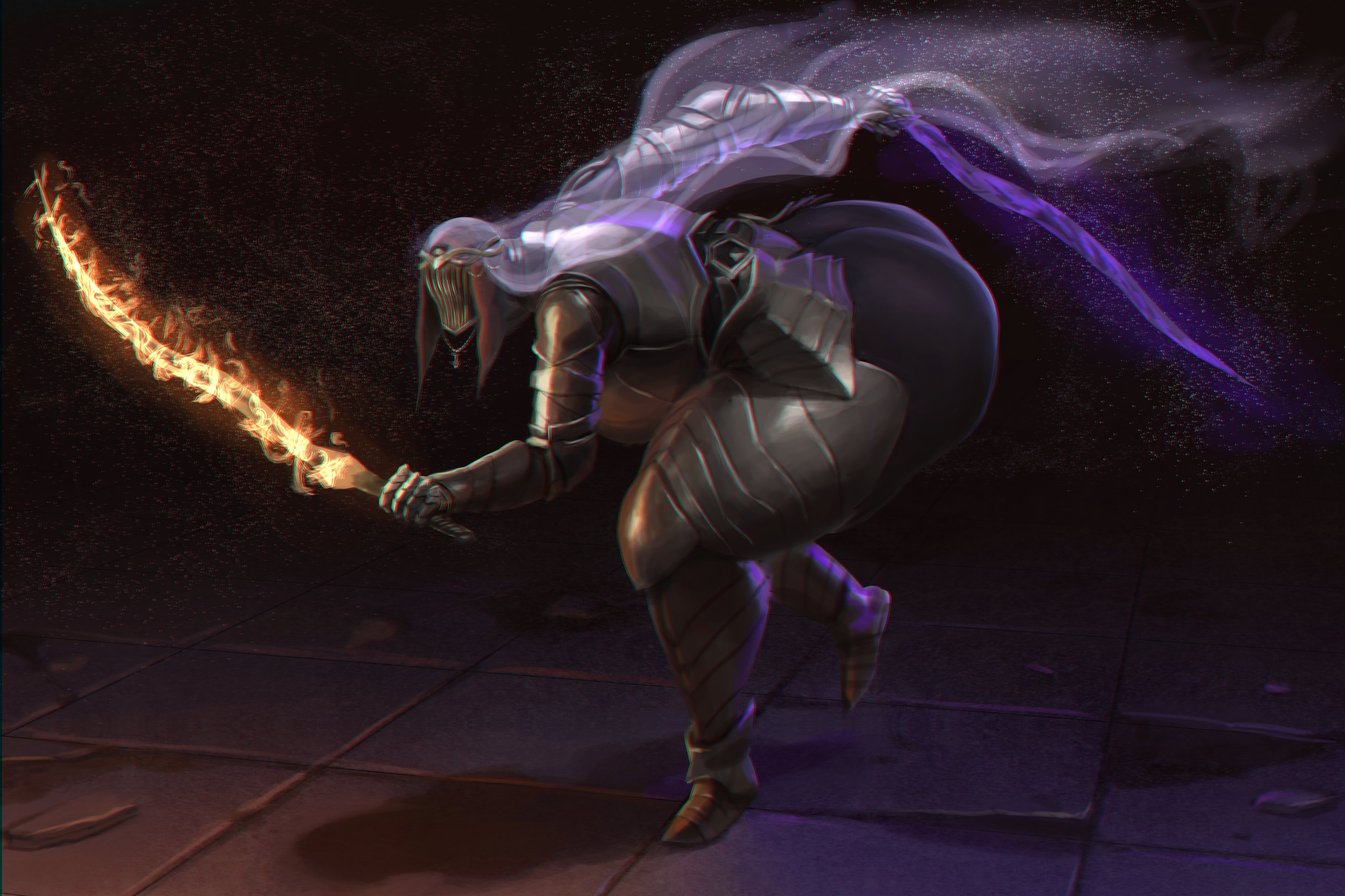 2021, 2d looking like 3d, 4:3, 5 fingers, ambiguous species, armor, armored boots, armored dress, ass, bent over, big ass, big breasts, big butt, black body, breasts, chromatic aberration, dancer of the boreal valley, dark souls, dark souls 3, detailed background, detailed shading, digital media (artwork), digital painting (artwork), dual wielding, faceless ambiguous, faceless character, faceless female, female, fire, headgear, helmet, holding object, holding sword, holding weapon, huge ass, huge breasts, huge butt, huge thighs, humanoid, hyper bimbo, melee weapon, patacon, solo, sword, thick legs, thick thighs, undead, veil, voluptuous, wide hips