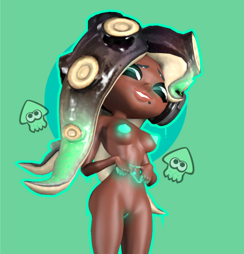 1girls 3d 3d_(artwork) brown_skin dark-skinned_female dark_skin djinnzinnie glowing glowing_eyes glowing_nipples glowing_pussy green_pussy marina_(splatoon) midriff navel_piercing nintendo octoling piercing pussy solo solo_female splatoon splatoon_2 tentacle_hair turquoise_background