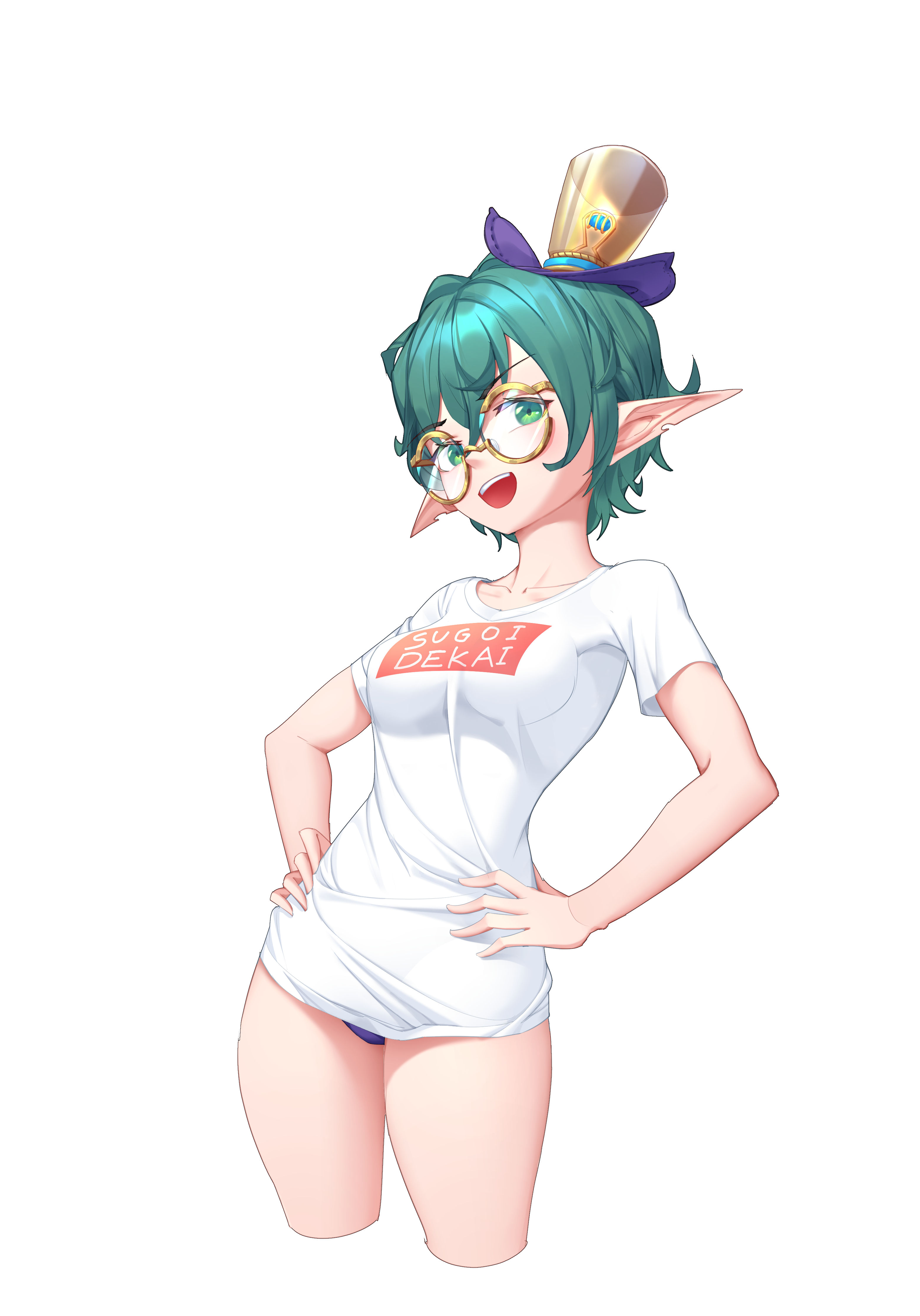 1girls, big breasts, breasts, female, female only, glasses, green eyes, green hair, hand on hip, mini top hat, pandoria (xenoblade), panties, pointy ears, sugoi dekai, teal hair, thick thighs, xenoblade (series), xenoblade chronicles 2