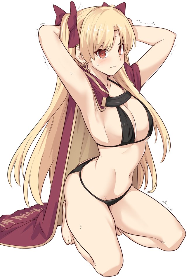 armpits, arms behind head, bikini, bikini bottom, bikini top, black bikini, black bikini bottom, black bikini top, blonde hair, blush, cape, earrings, ereshkigal (fate), fate (series), fate/grand order, female, hair ornament, looking at viewer, navel, on knees, red cape, red eyes, red hair ornament, red ribbon, shiseki hirame, twintails, white background