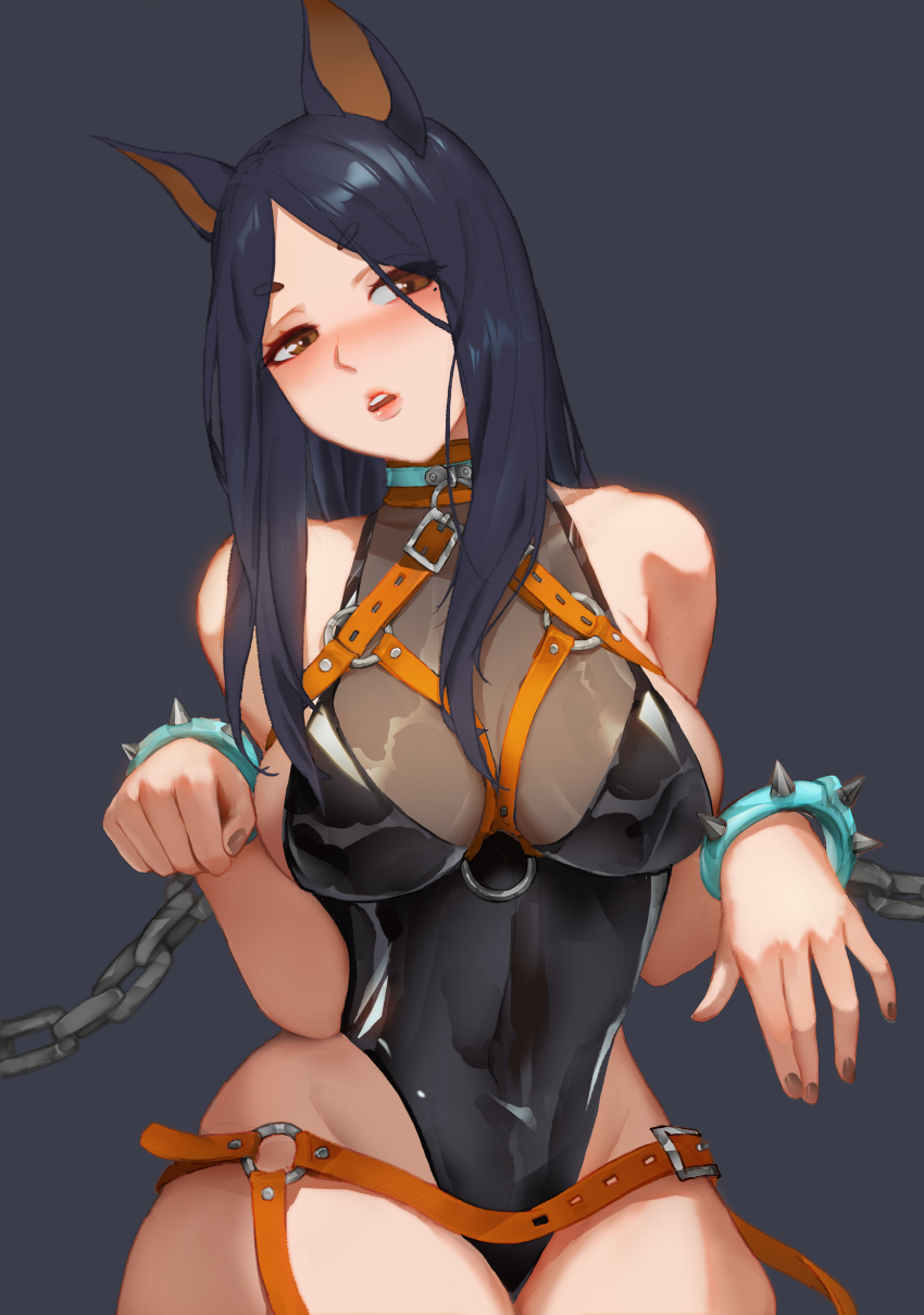 animal ears, arknights, breasts, chained, chest harness, dobermann (arknights), female, harness, humanoid, leotard, mole under eye, slave, wide hips