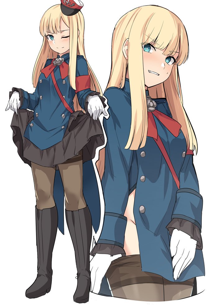 black_boots blonde_hair blue_coat boots eyebrows_visible_through_hair fate/grand_order fate_(series) green_eyes hime_cut looking_at_viewer lord_el-melloi_ii_case_files military_hat multiple_views one_eye_closed pantyhose pantyhose_down pantyhose_pull pleated_skirt reines_el-melloi_archisorte seductive shiseki_hirame shoulder_pads sidelocks skirt skirt_lift tailcoat undressing white_background