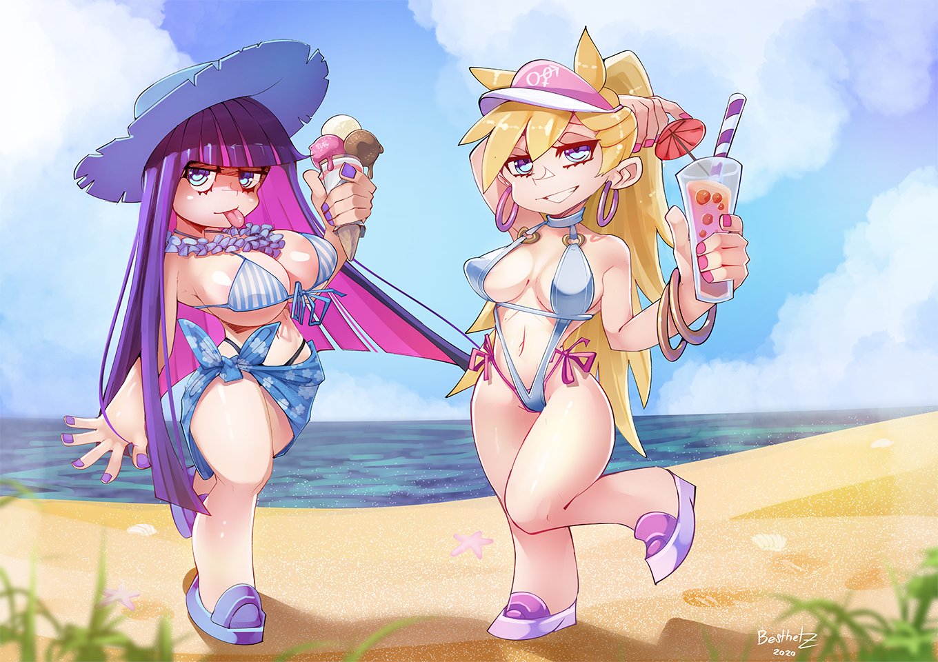 2020, 2girls, angel, aqua eyes, areola slip, arm behind head, artist signature, bangs, beach, besthetz, bikini, blonde hair, blush, breasts, drink, drink umbrella, earrings, female, female only, glass, goth, hat, headwear, holding drink, holding glass, holding ice cream, holding object, hoop earrings, ice cream, ice cream cone, large breasts, lei, long hair, multicolored hair, nail polish, outdoors, panty & stocking with garterbelt, panty anarchy, pink hair, purple hair, seashell, siblings, sisters, sling bikini, smile, starfish, stocking anarchy, straw hat, thick thighs, tied hair, tongue, tongue out, two-tone hair, very long hair, visor, visor cap