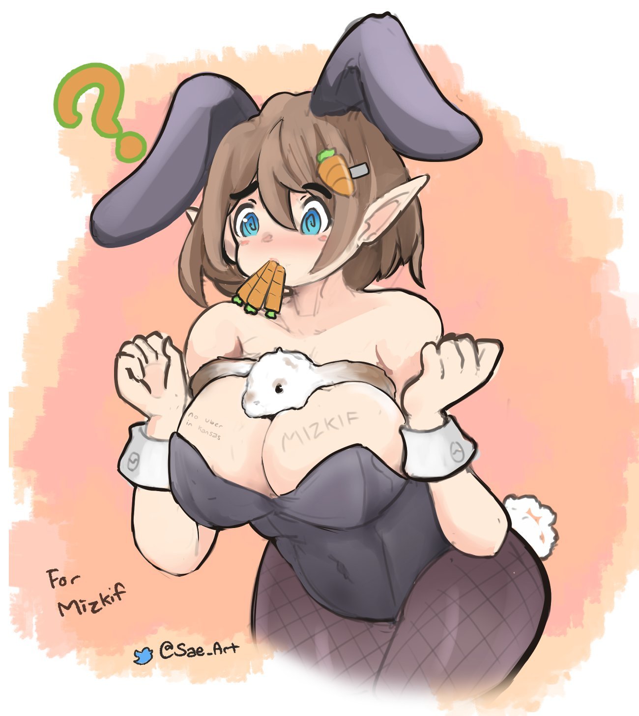 ? between_breasts big_breasts black_leotard blue_eyes breasts brown_hair bunny_ears bunny_tail bunnysuit carrot cleavage commission confused elf_ears female genderswap_(mtf) hair_ornament large_breasts leotard mizkif pantyhose pointy_ears rabbit rule_63 sae_art short_hair solo spiral_eyes twitch.tv